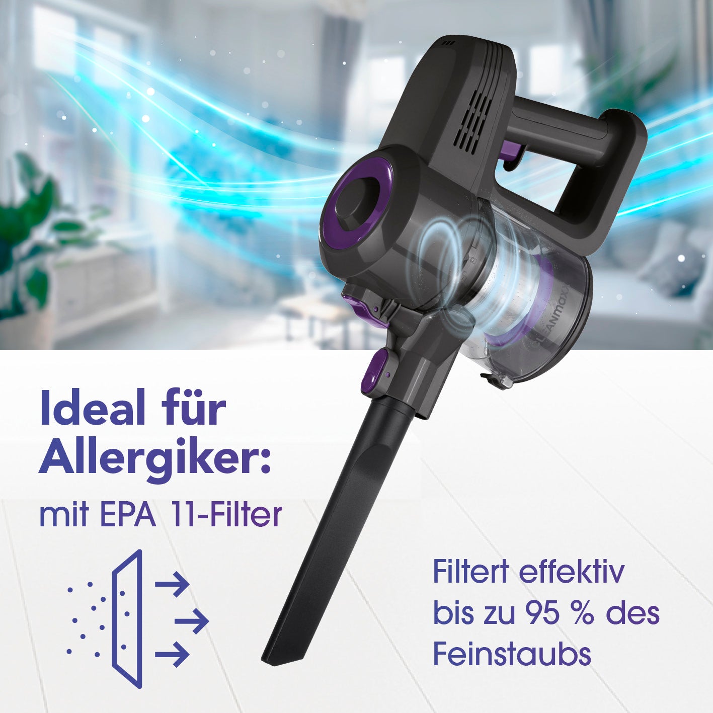 Akku-Zyklonstaubsauger mit EPA 11-Filter, beutellos, 22,2-V-Akku, für Allergiker und effektive Feinstaubfilterung bis 95 %.