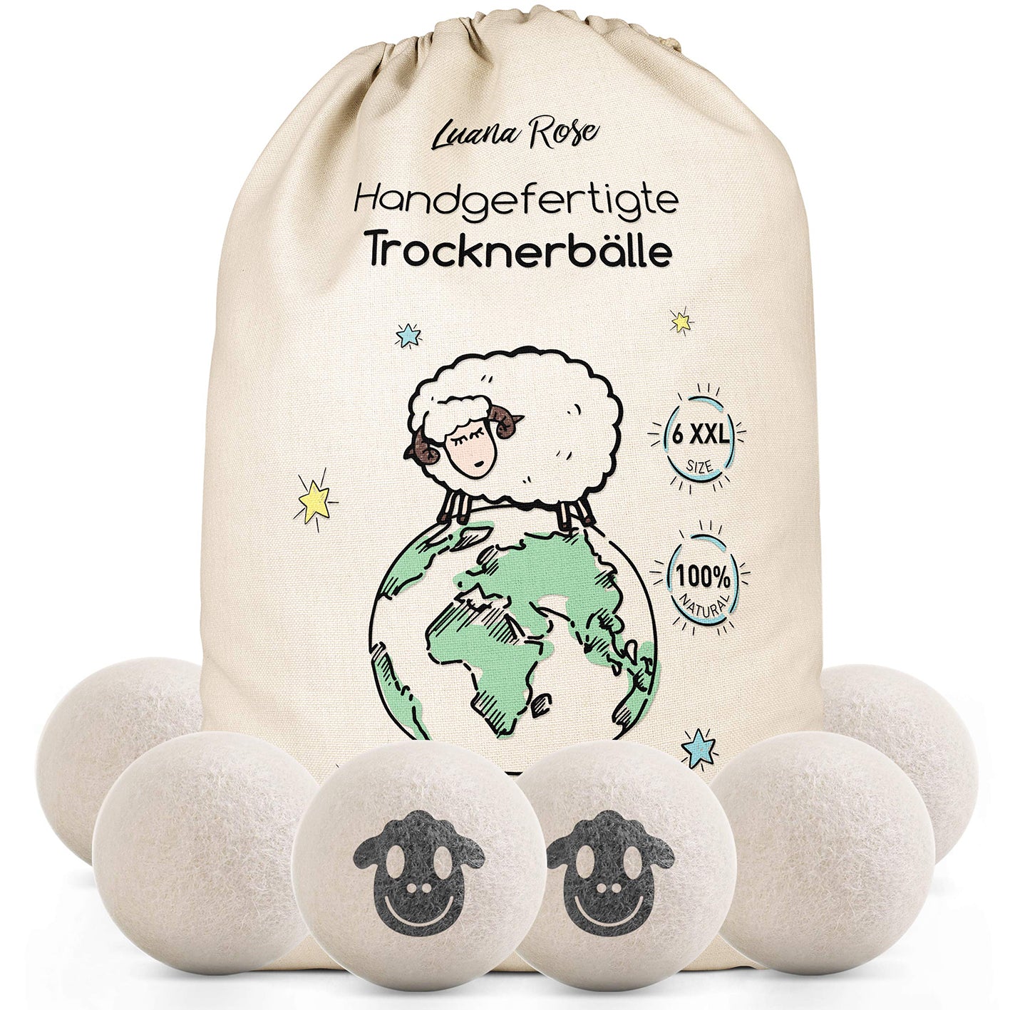 Trocknerbälle für Wäschetrockner - 6er-Set - Schafwolle