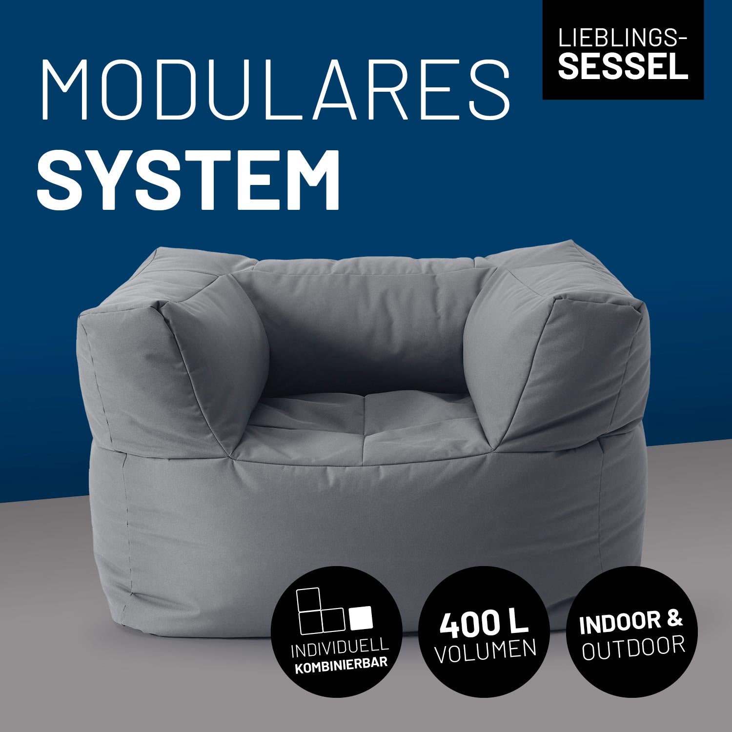 Sitzsack-Sofa Sessel (400 L) - Modulares System, grauer modularer In- und Outdoor-Sessel mit 400 Litern Volumen.