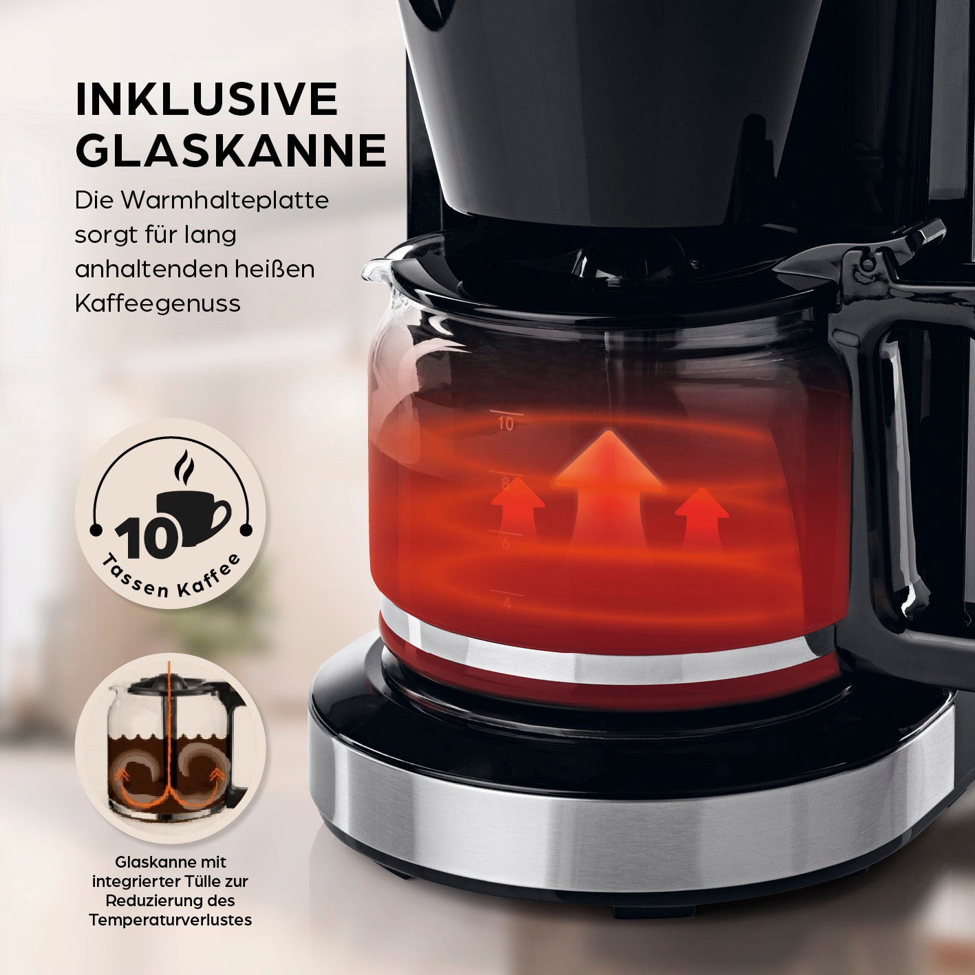 Filterkaffeemaschine Grind mit integrierter Glaskanne, Warmhalteplatte und Tülle für langanhaltenden heißen Kaffeegenuss.
