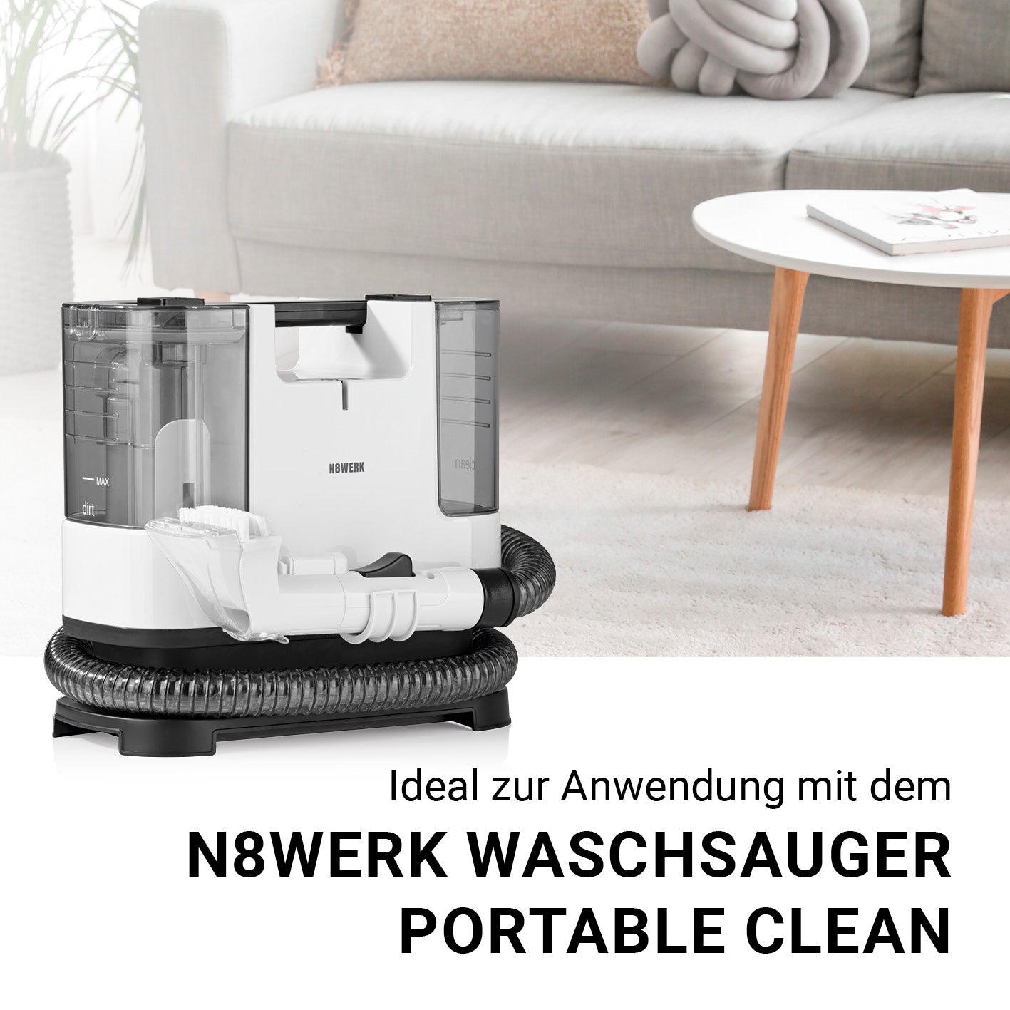 Polster- und Teppichreiniger, vielseitig einsetzbar und hochwirksam, ideal für den N8WERK Waschsauger Portable Clean, Made in Germany.