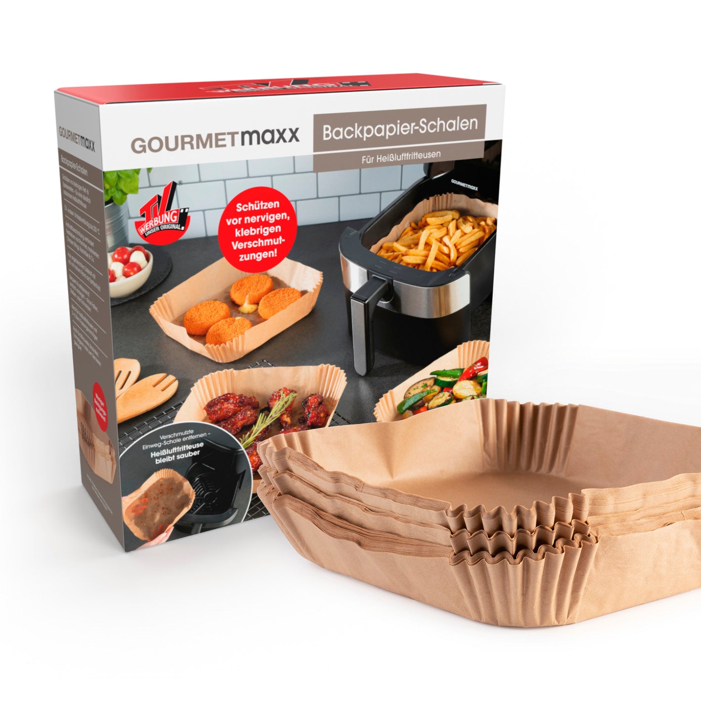 Backpapierschalen für Heißluftfritteusen (5–6 l) von GOURMETmaxx, hitzebeständig, antihaftbeschichtet, 100 Stück, sauber und robust.