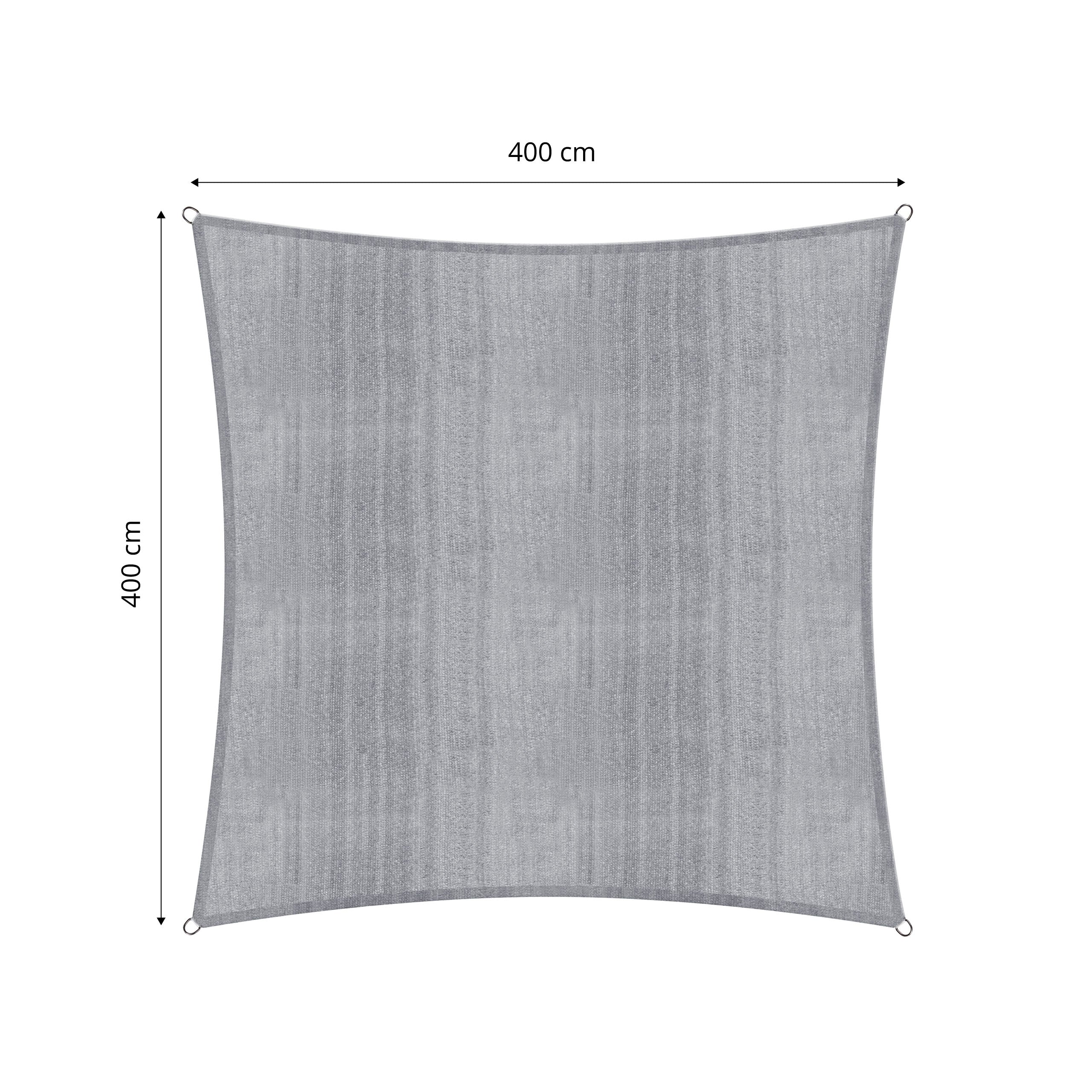 Sonnensegel 100% HDPE mit Stabilisator für UV-Schutz - Quadrat 4 x 4 Meter - Hellgrau, robuste Ausführung mit Ösen in den Ecken.