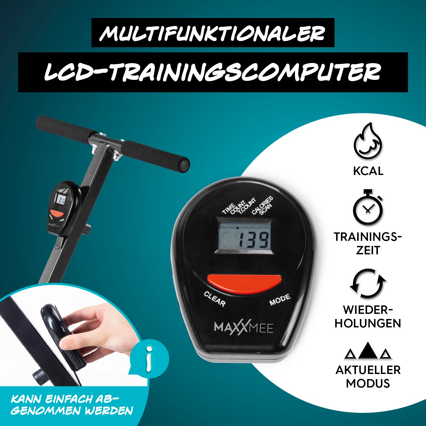 Klapp-Rudergerät mit multifunktionalem LCD-Trainingscomputer von MAXXMEE zeigt Kalorien, Zeit, Wiederholungen und Modus an.