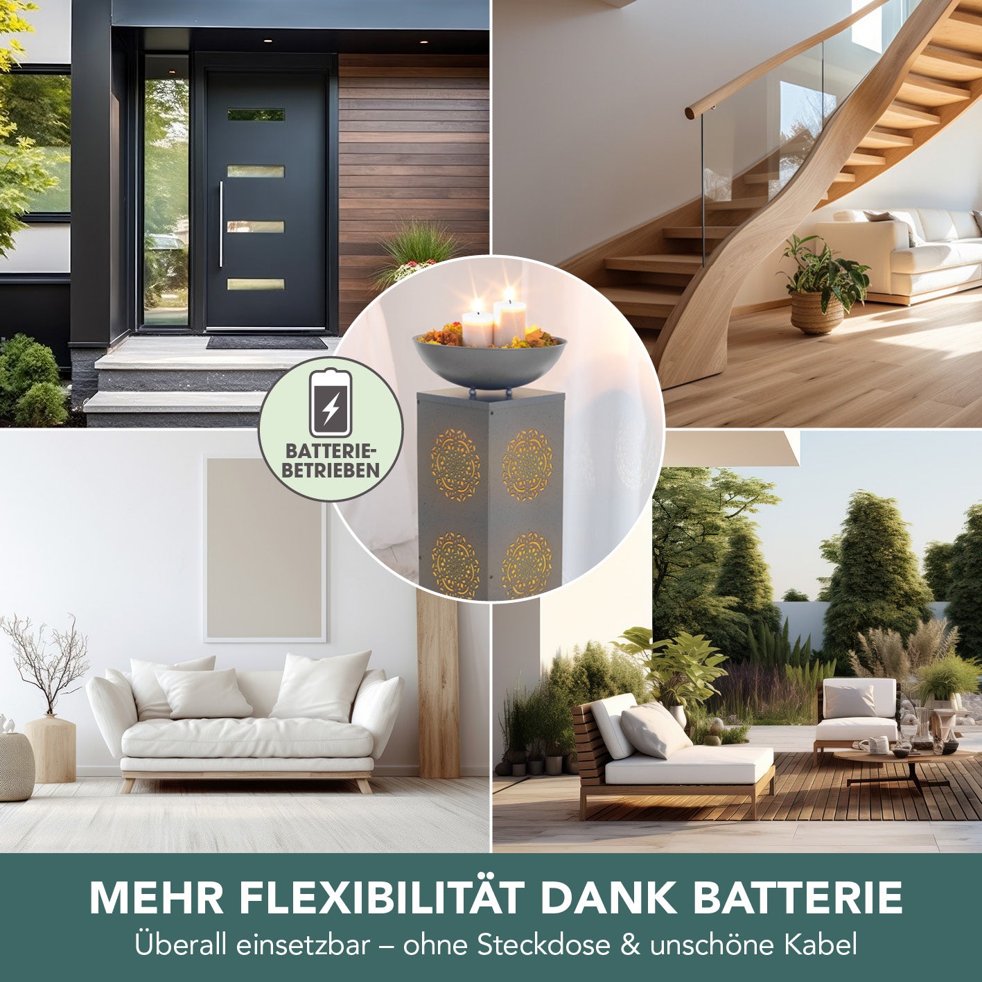 LED-Dekosäule Beton-Optik mit Pflanzschale Mandala - 87 cm - Grau, batteriebetrieben, ideal für Wohnzimmer, Garten, Terrasse und Balkon.