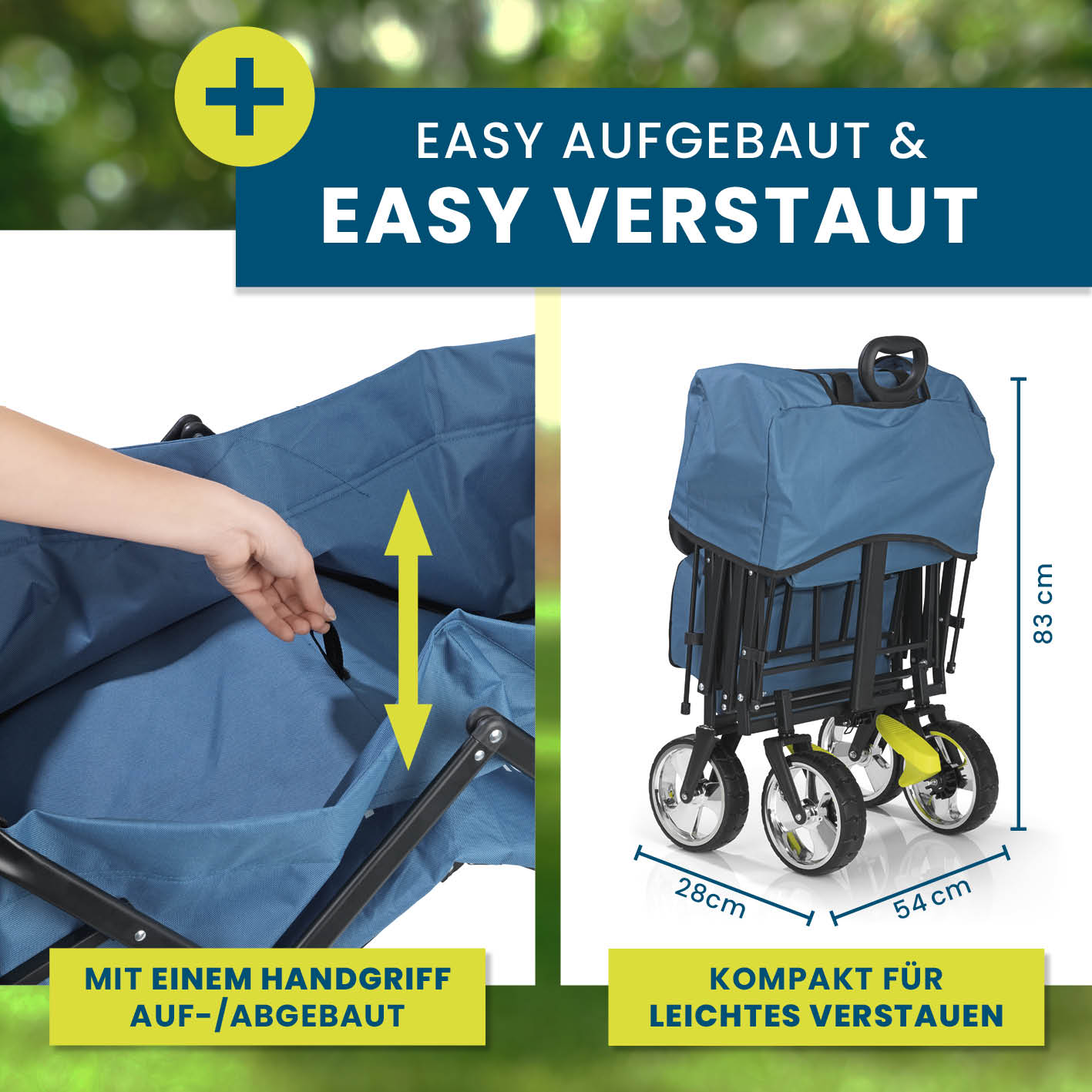 Faltbarer Bollerwagen - Blau, schnell aufgebaut und kompakt zusammengefaltet mit praktischem Handgriff und stabilen 360°-Rädern.