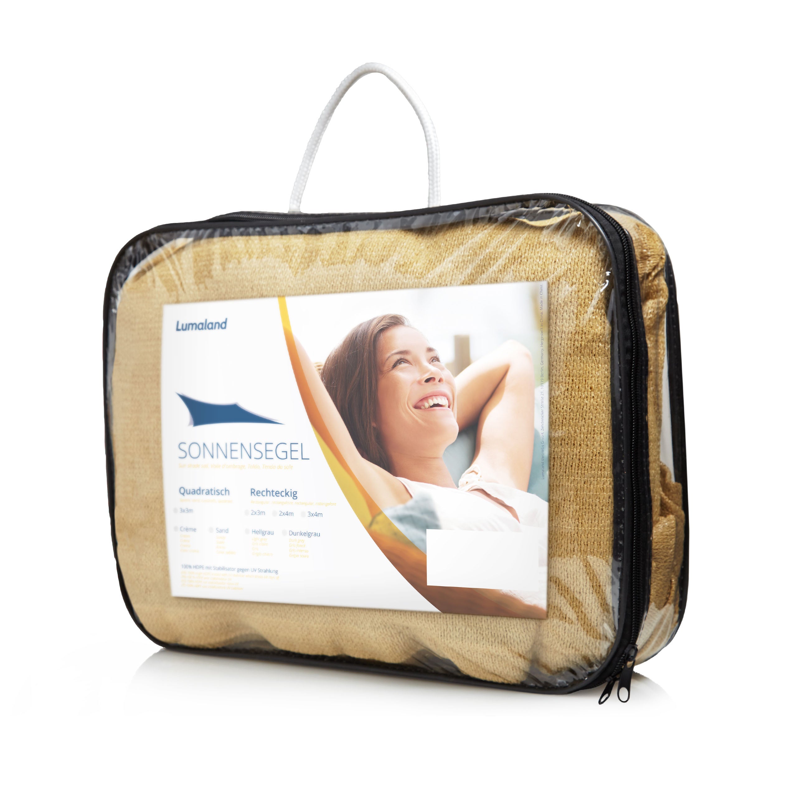 Sonnensegel 100% HDPE mit Stabilisator für UV-Schutz - Rechteck 2 x 3 Meter - Sand in praktischer Transporttasche verpackt.