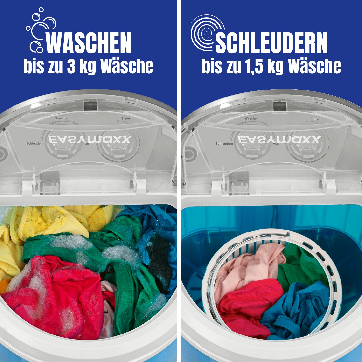 Mini-Waschmaschine - 260 Watt - weiß/blau, waschen bis 3 kg und schleudern bis 1,5 kg Wäsche, ideal für Camping und Reisen.
