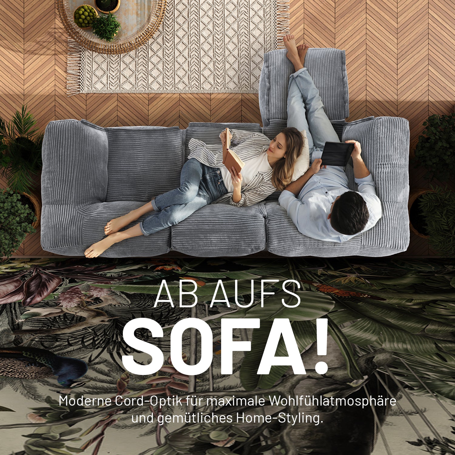 Modulares Basic Set (5-tlg.) aus der Cord-Reihe - Grau, modernes Sofa mit kuscheligem Stoff und flexiblem Design für gemütliches Wohnen.