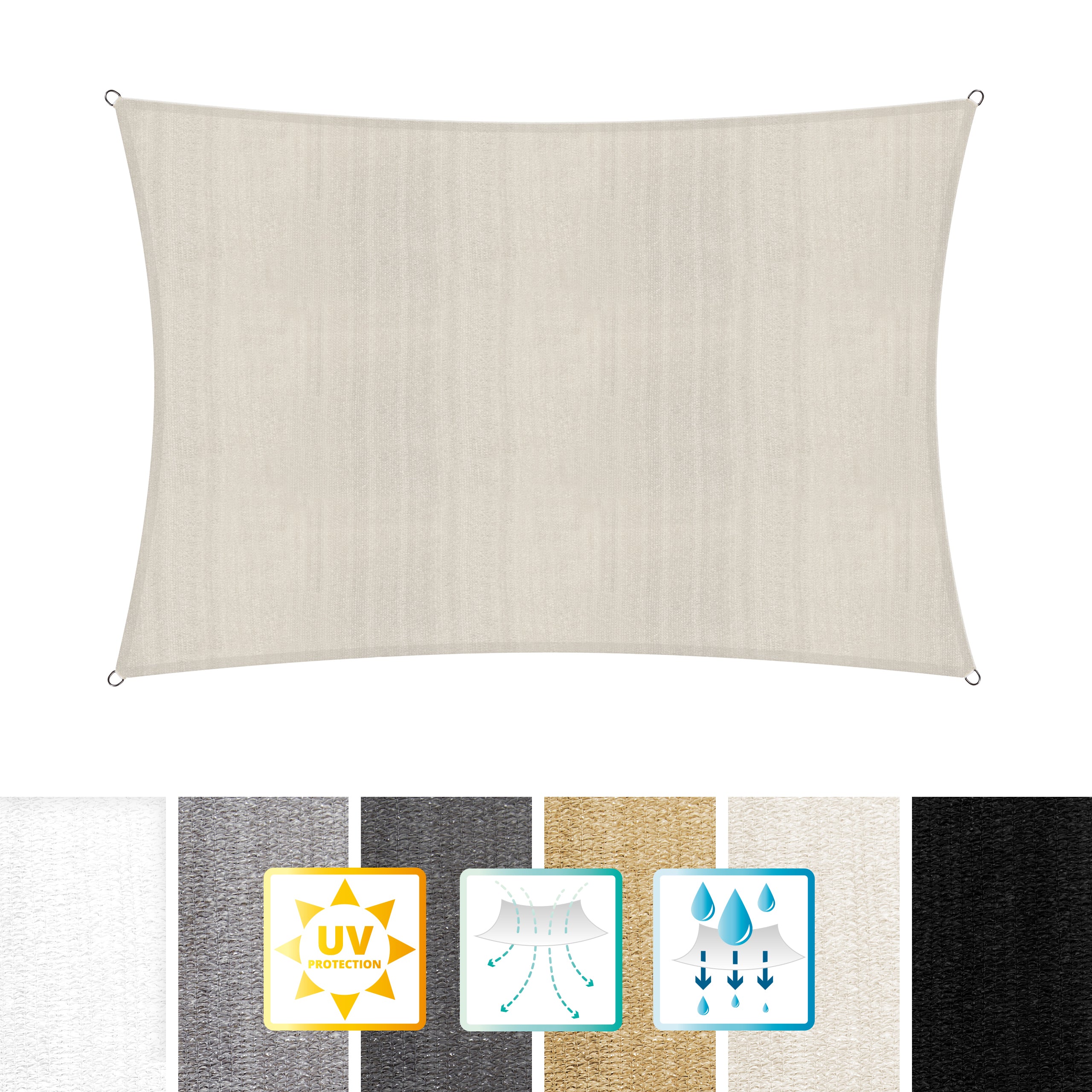 Sonnensegel Rechteckig cremefarben, wetterbeständig, mit Befestigungsseilen, schützt zuverlässig vor UV-Strahlen im Garten und auf der Terrasse.