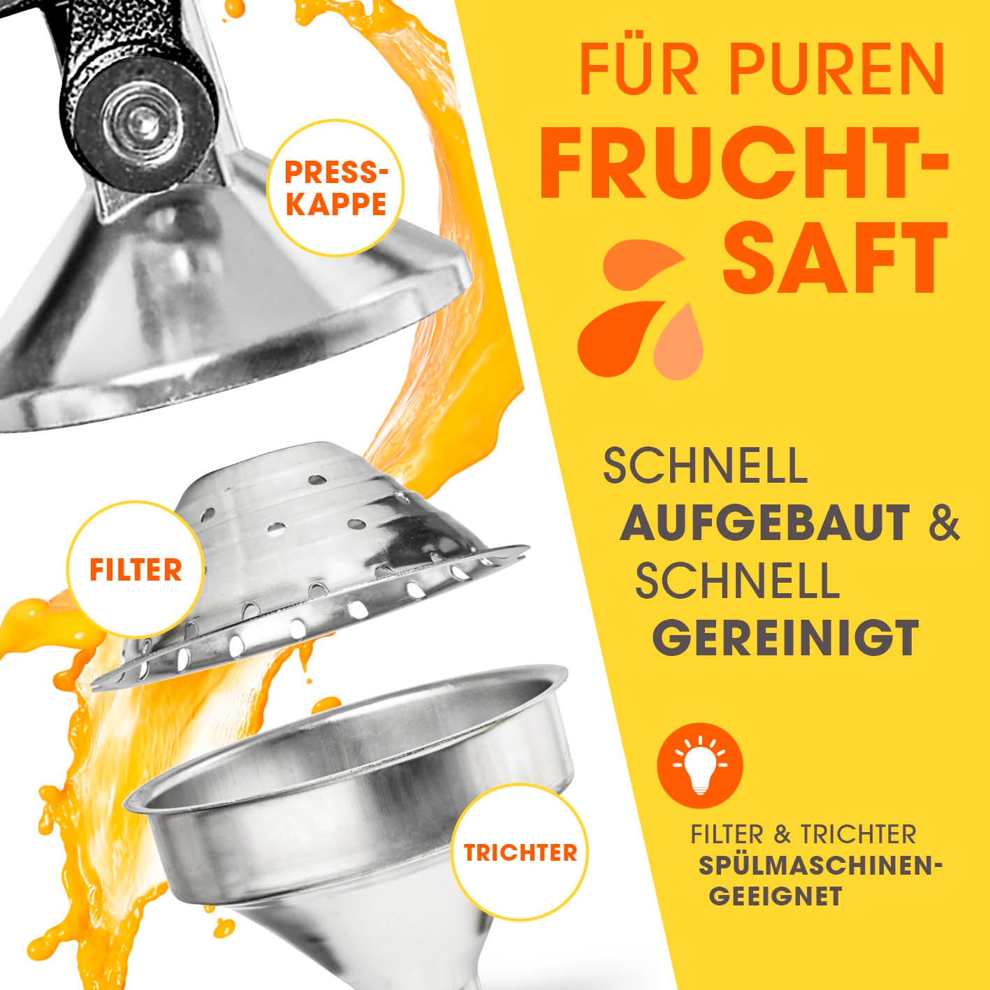 Manuelle Saftpresse - Schwarz/Silber mit abnehmbarem, spülmaschinenfestem Filter, Trichter und Presskappe für frischen Fruchtsaft.