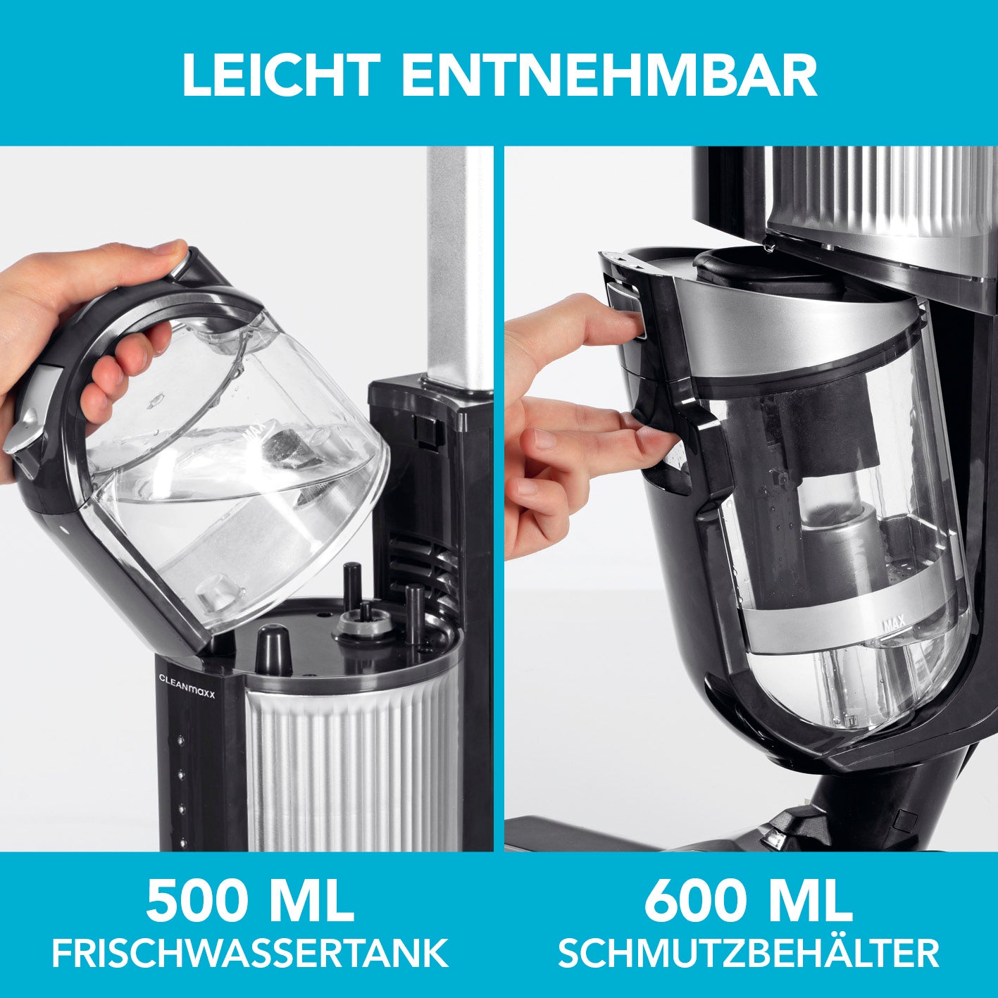 Multi-Bodenreiniger mit leicht entnehmbarem 500 ml Frischwassertank und 600 ml Schmutzbehälter für effiziente Bodenreinigung.