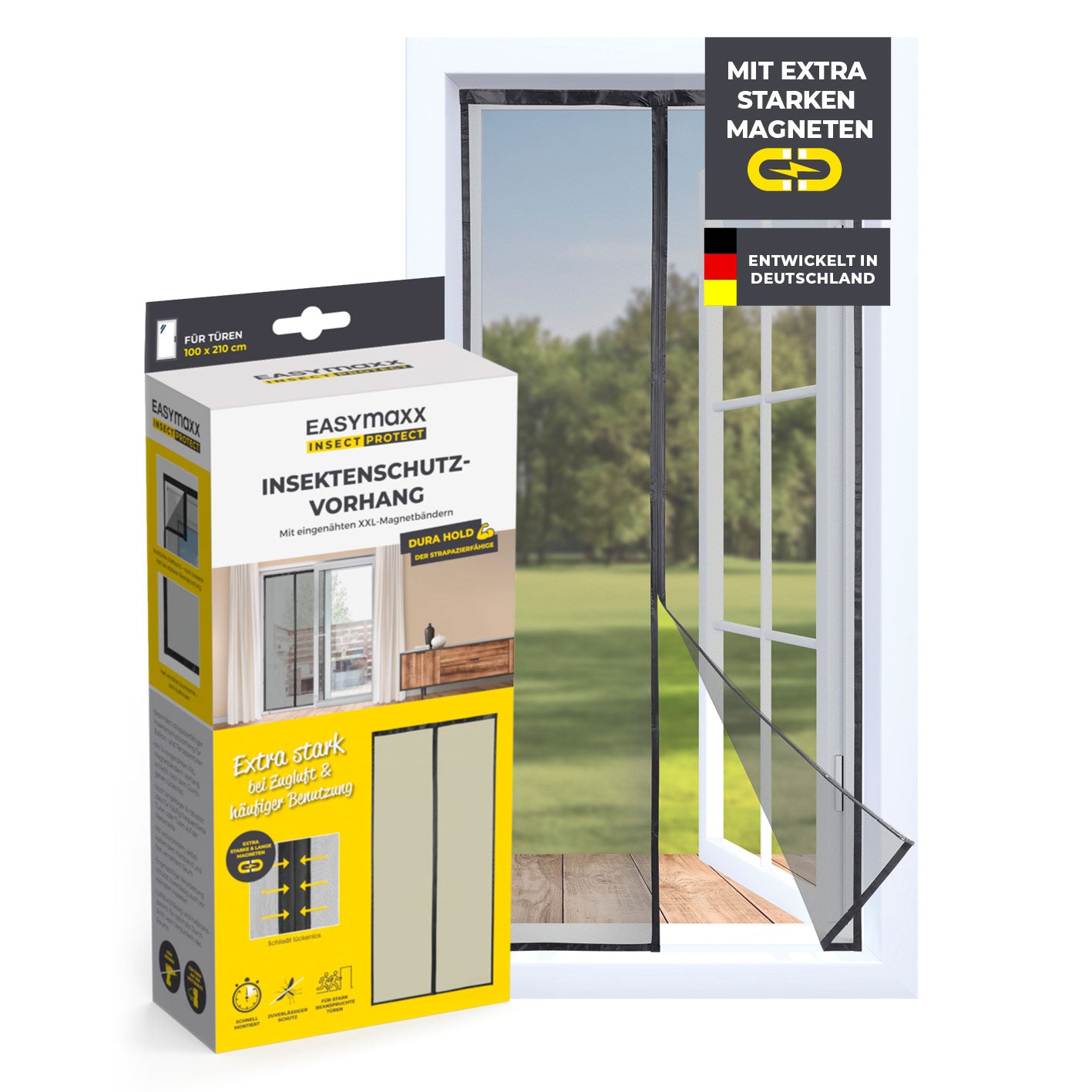 Insektenschutzvorhang mit eingenähten XXL-Magnetbändern 100 x 210 cm Schwarz für mückenfreie Terrassen- und Balkontüren.