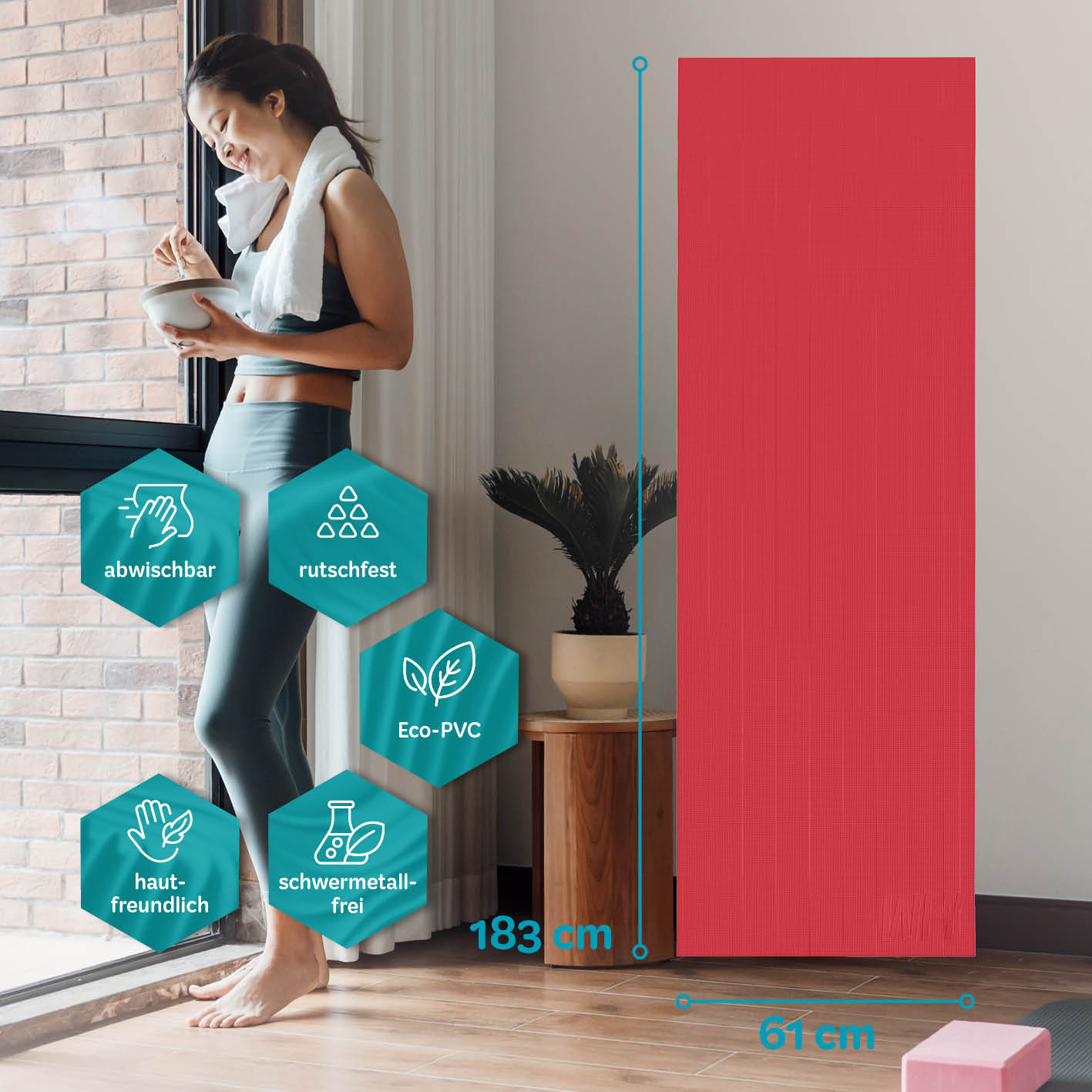 Yogamatte Kirana - 183 x 61 x 0,4 cm - Himbeerrot, weich, rutschfest, abwischbar, hautfreundlich und aus ECO-PVC gefertigt.