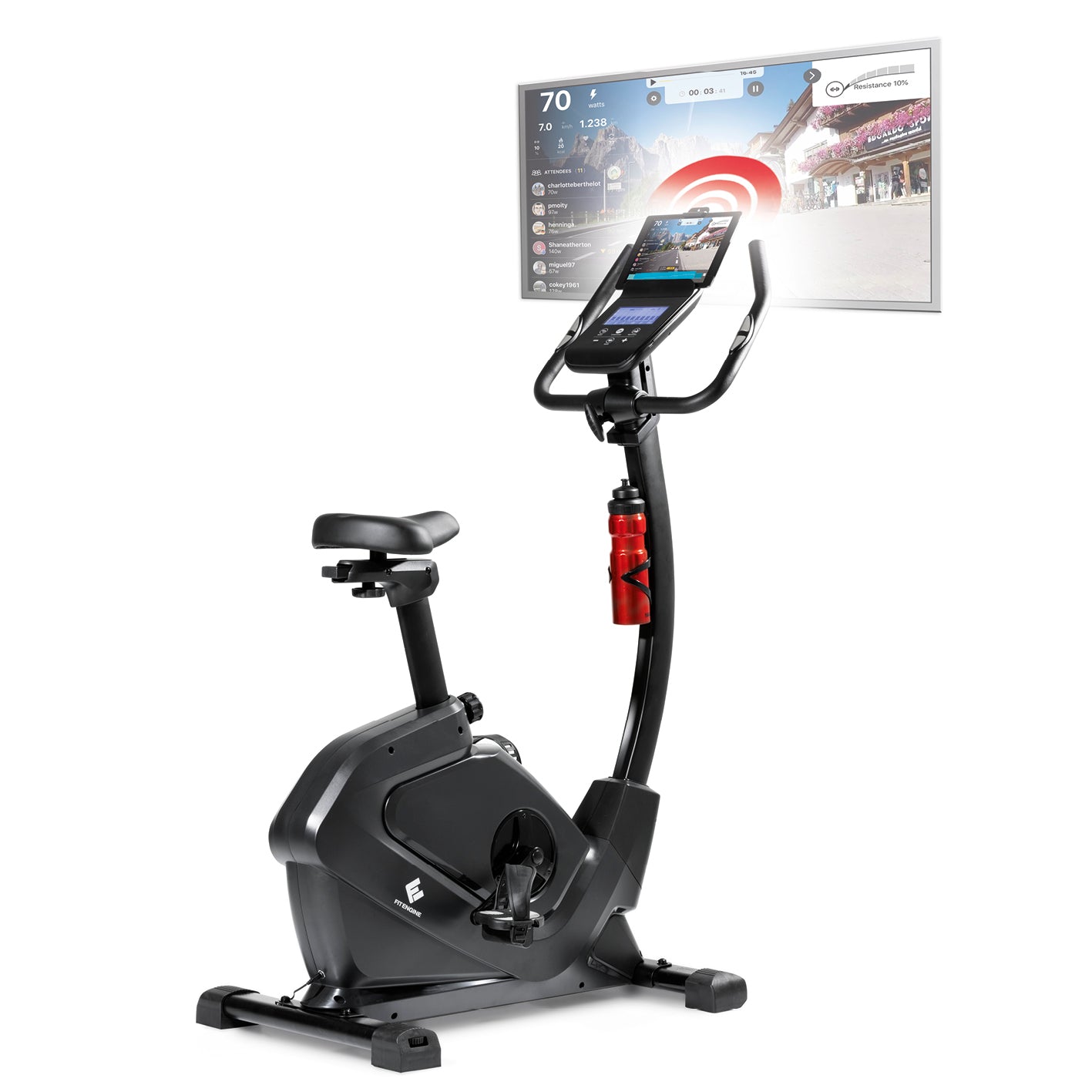 Heimtrainer Smart mit 9kg Aluminium-Schwungrad, LCD-Display, verstellbarem Sattel und Kinomap-kompatibler Wireless-Verbindung.