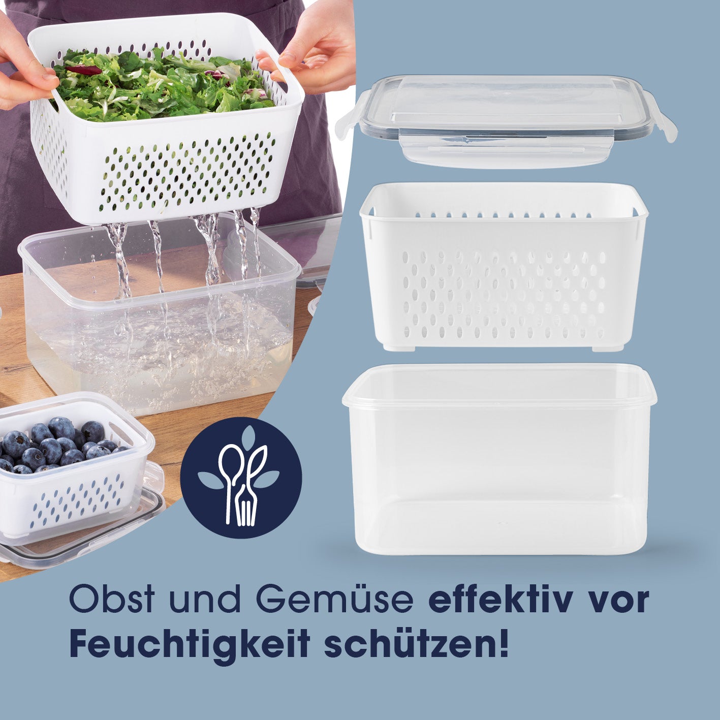 Frischhaltedosen für Kühlschrank mit Abtropfsieb zur luftdichten, auslaufsicheren Aufbewahrung von Obst und Gemüse mit Silikondichtung.