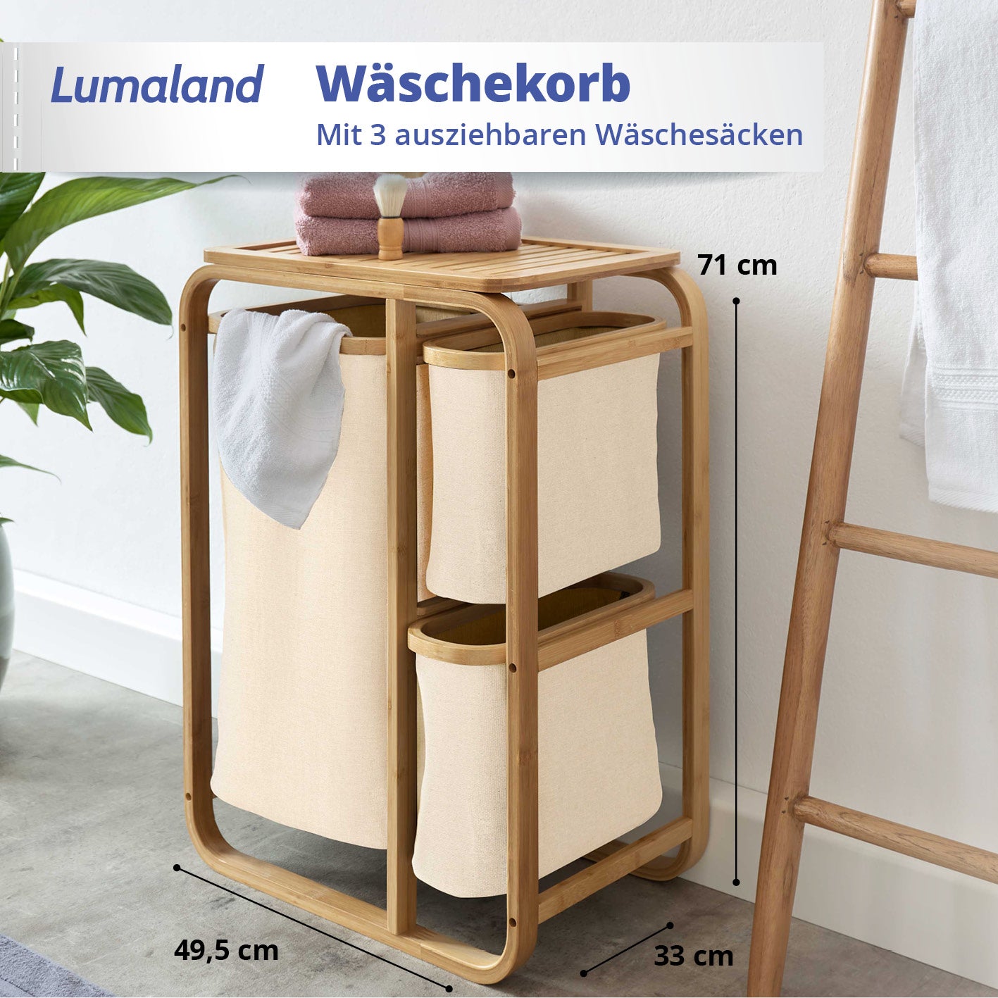 Bambus Wäschekorb - 1 XL Fach + 2 Kompaktfächer - 49,5 x 33 x 71 cm - Beige
