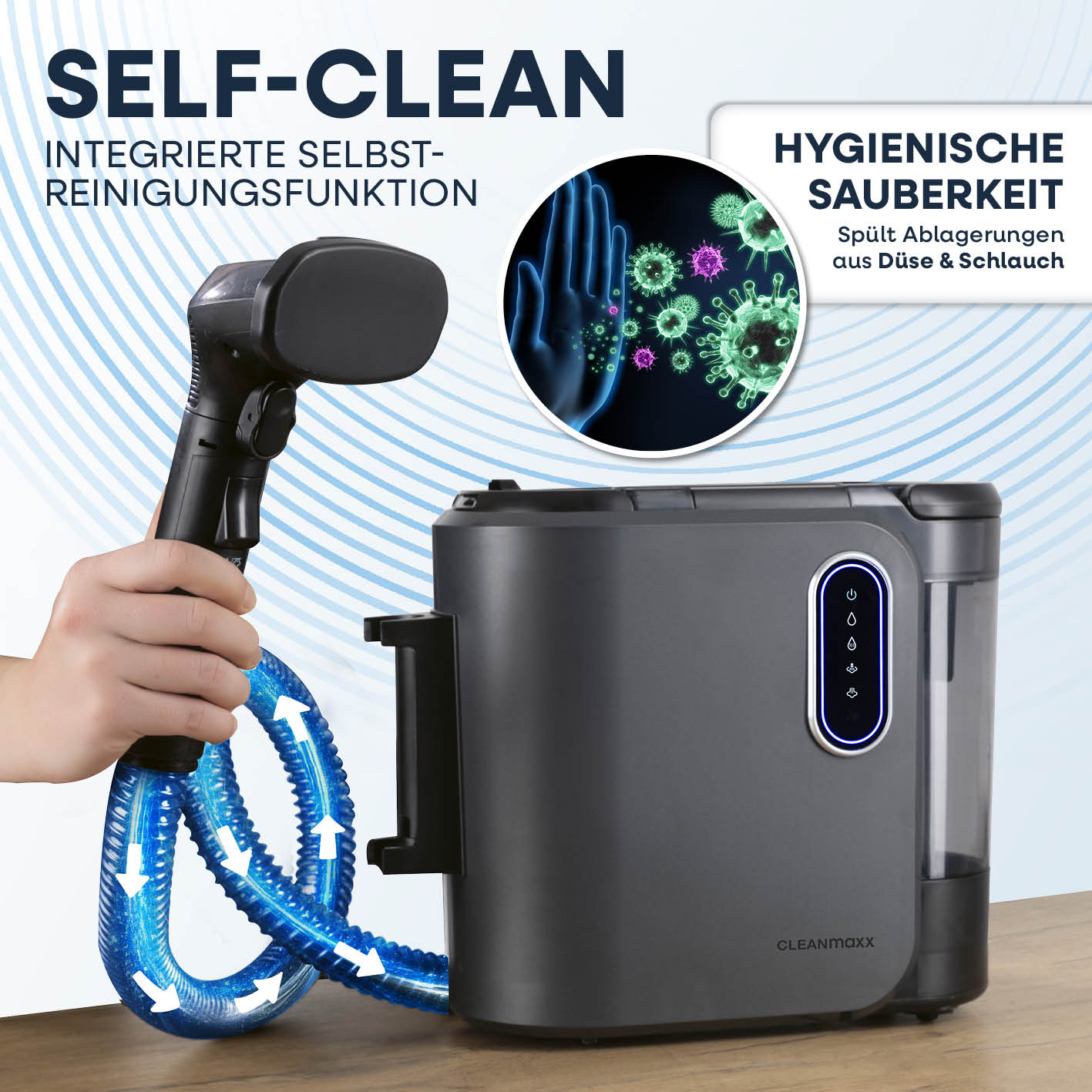 Polster- & Teppichreiniger Pro Steam mit integrierter Selbstreinigungsfunktion für hygienische Sauberkeit und einfache Bedienung.