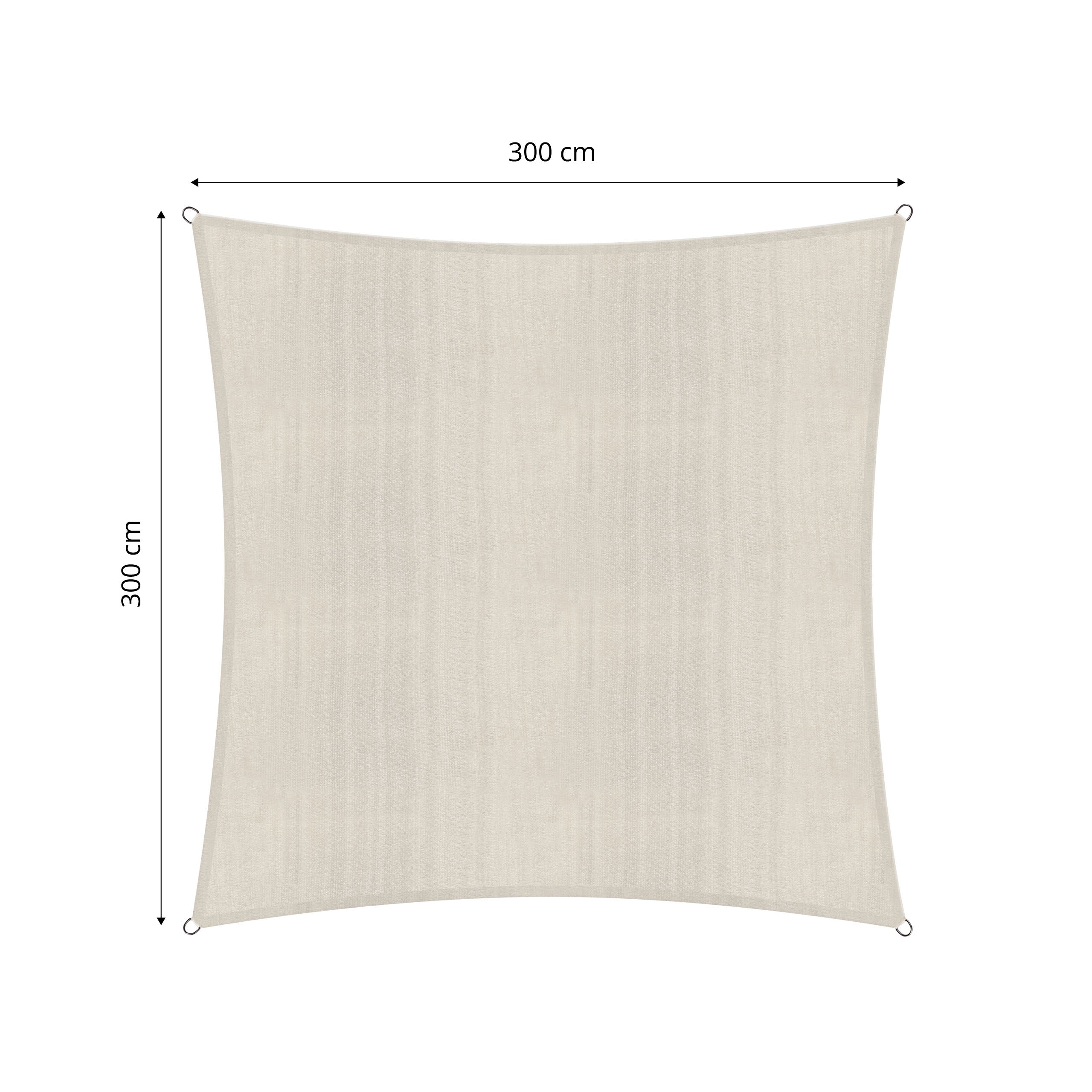 Sonnensegel 100% HDPE mit Stabilisator für UV-Schutz - Quadrat 3 x 3 Meter - Creme in quadratischer Form mit Befestigungsösen.