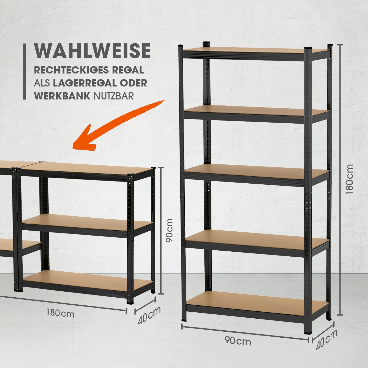 Schwerlastregal mit 5 belastbaren Holzböden - 180 x90 x 40 cm - schwarz - 2er-Set