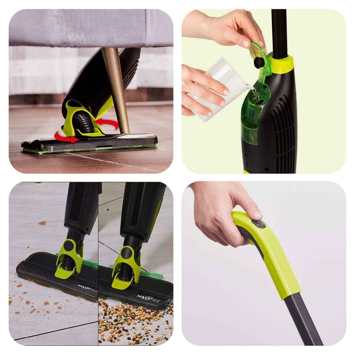 Wischmopp mit Saugfunktion - 180 ml Wassertank - grün/schwarz, kabellos, Sprüh- und Saugfunktion am Griff, Mikrofasertuch, handlich und schnell einsatzbereit.