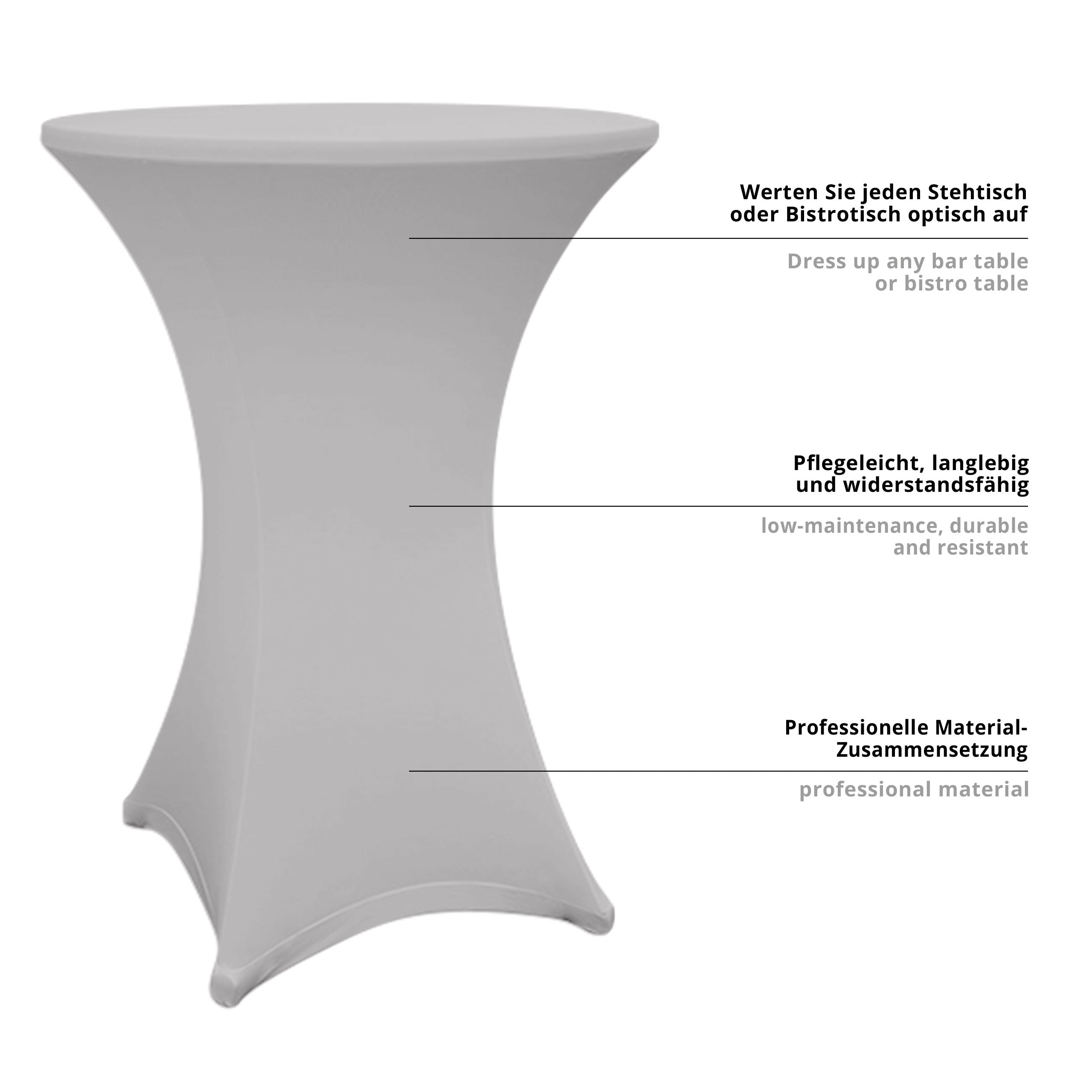 Stehtischhusse - Tisch Bezug - Husse - Ø 70-75 cm - Silbergrau - 5er-Set, elastisch, pflegeleicht und langlebig für Stehtische.