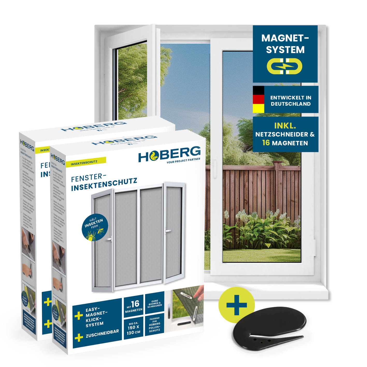 Insektenschutzgitter mit Magnetbefestigung - 150 x 130 cm - 2er-Set mit einfachem Magnet-System und Netzschneider für Fenster.