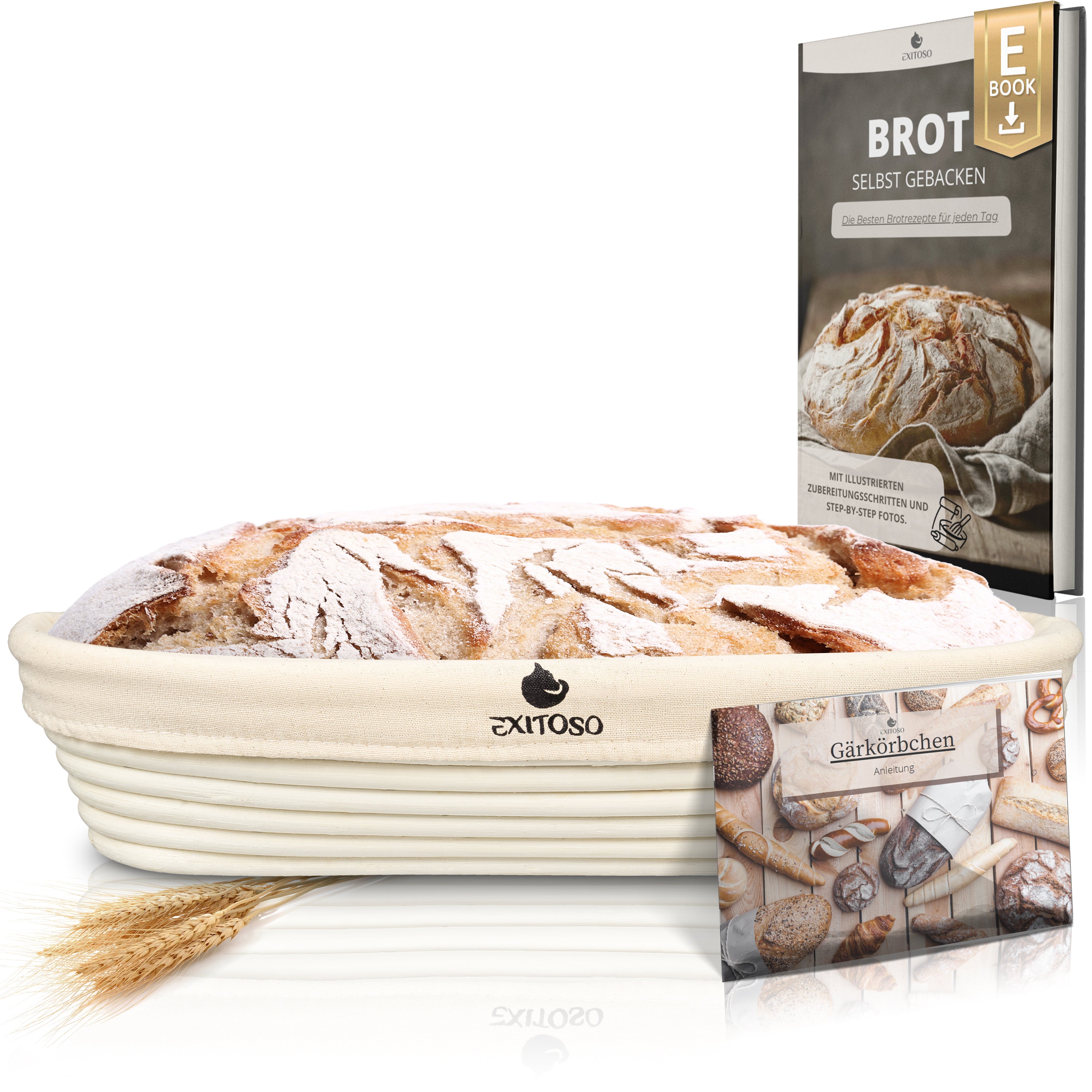 Gärkörbchen zum Brotbacken - Ø 35 cm aus Rattanfaser mit Leineneinsatz, Teigkarte und E-Book für frisches Brot.