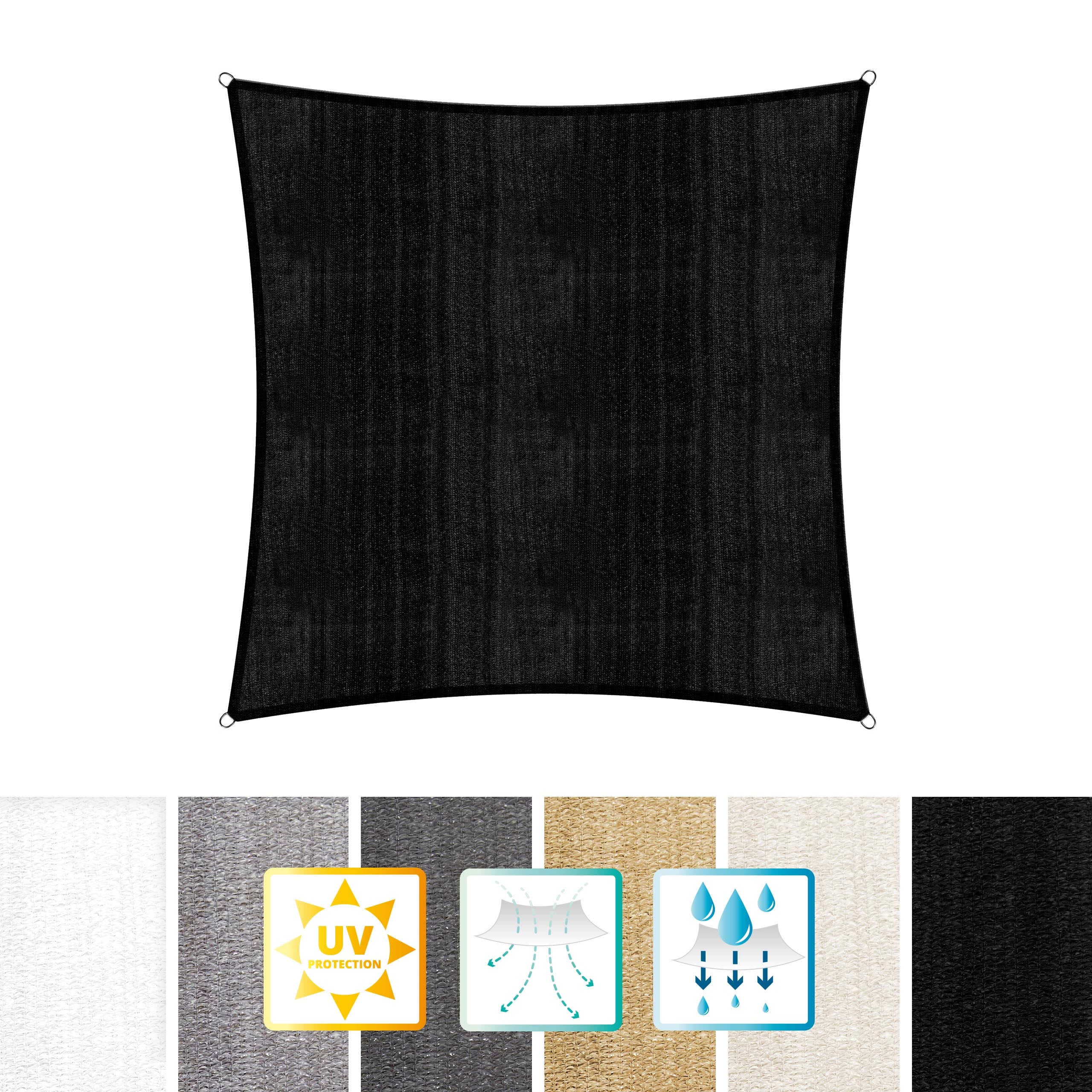 Sonnensegel 100% HDPE mit Stabilisator für UV-Schutz - Quadrat 3 x 3 Meter - Schwarz