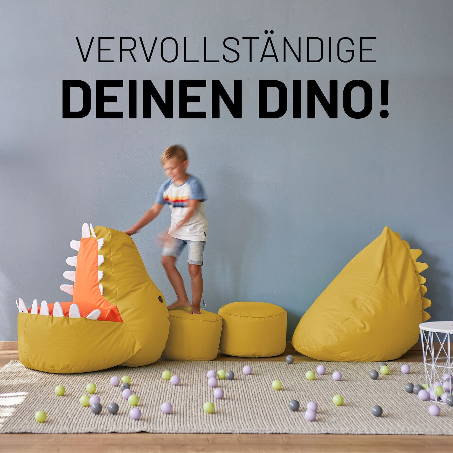 Kindersitzsack-Set "Dino" (4-tlg.) Senfgelb, indoor & outdoor mit Kopf, Hinterteil und 2 Poufs als Sitz- und Spielplatz.