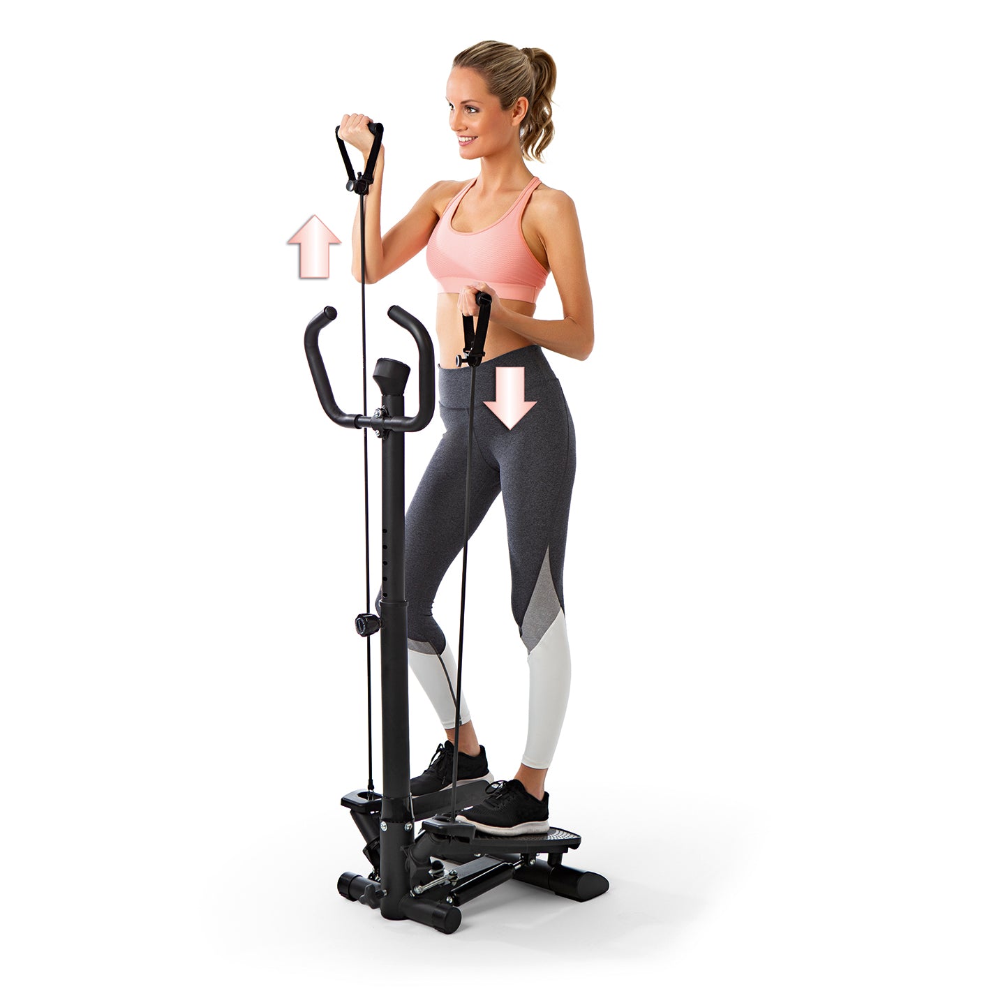 Fitnesstrainer Swing Stepper mit 2 Expanderbändern zeigt Frau beim Training für Beine und Arme mit höhenverstellbarem Griff und LC-Display.