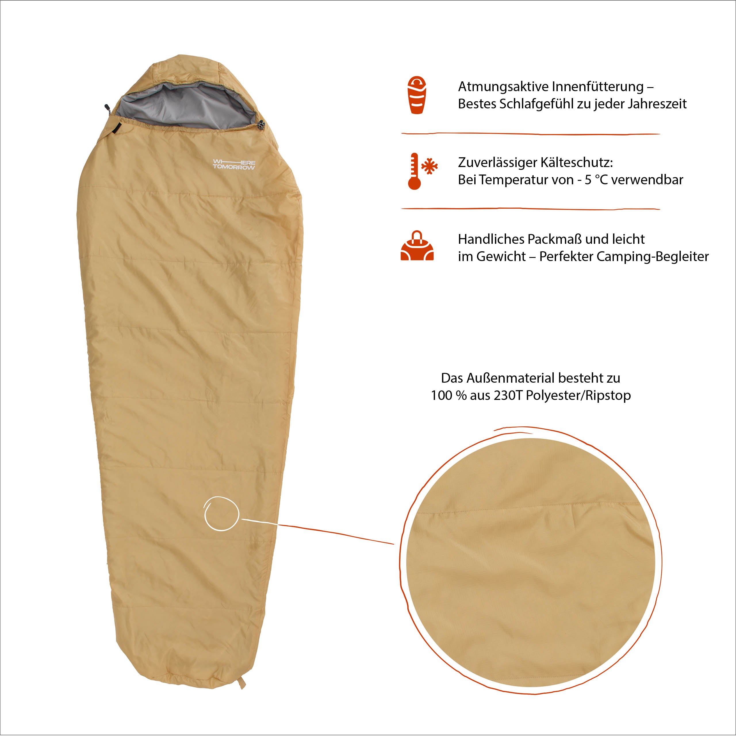 Camping Schlafsack Small & Light - Mumienschlafsack mit Tasche - 220 x 80 x 50 cm - Curry
