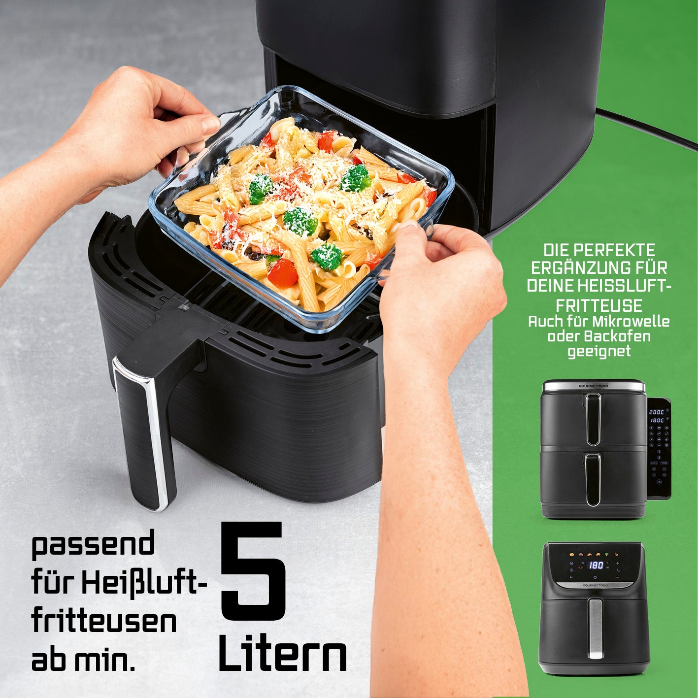 Glas-Auflaufform für Heißluftfritteuse & Backofen - 19 x 16 x 4,5 cm - 800 ml, geeignet für Heißluftfritteusen ab 5 Litern.