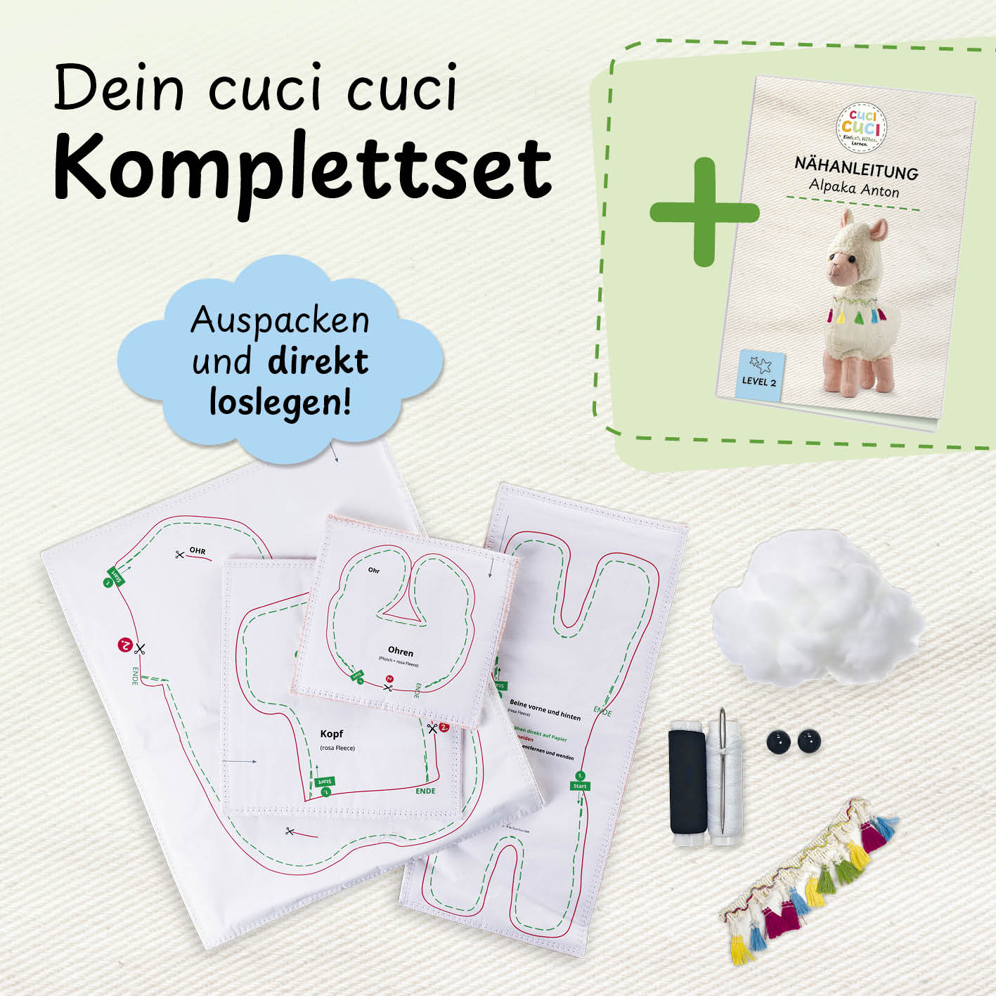 Näh-Baukastenset Motiv Alpaka Anton mit Anleitung, Schnittmustern und Zubehör für kinderleichtes Nähen ab Level 2.