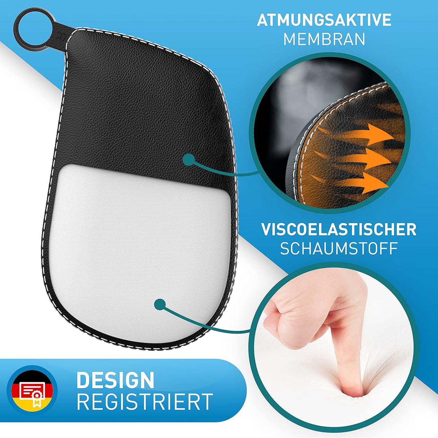 Auto-Kopfstütze - Leder mit weißen Nähten, atmungsaktive Membran und viscoelastischer Schaumstoff für komfortables Reisen.