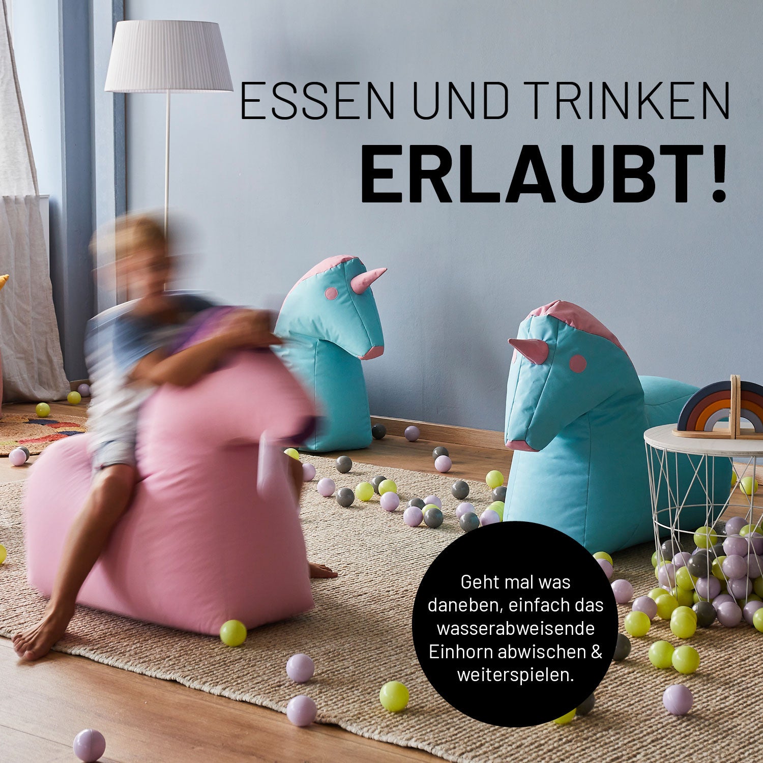 Kindersitzsack Animal Line Einhorn (120 L) Pastell Pink/Stahlgrau, wasserabweisend, weich, indoor & outdoor, robust, abwischbar, kuschelig.
