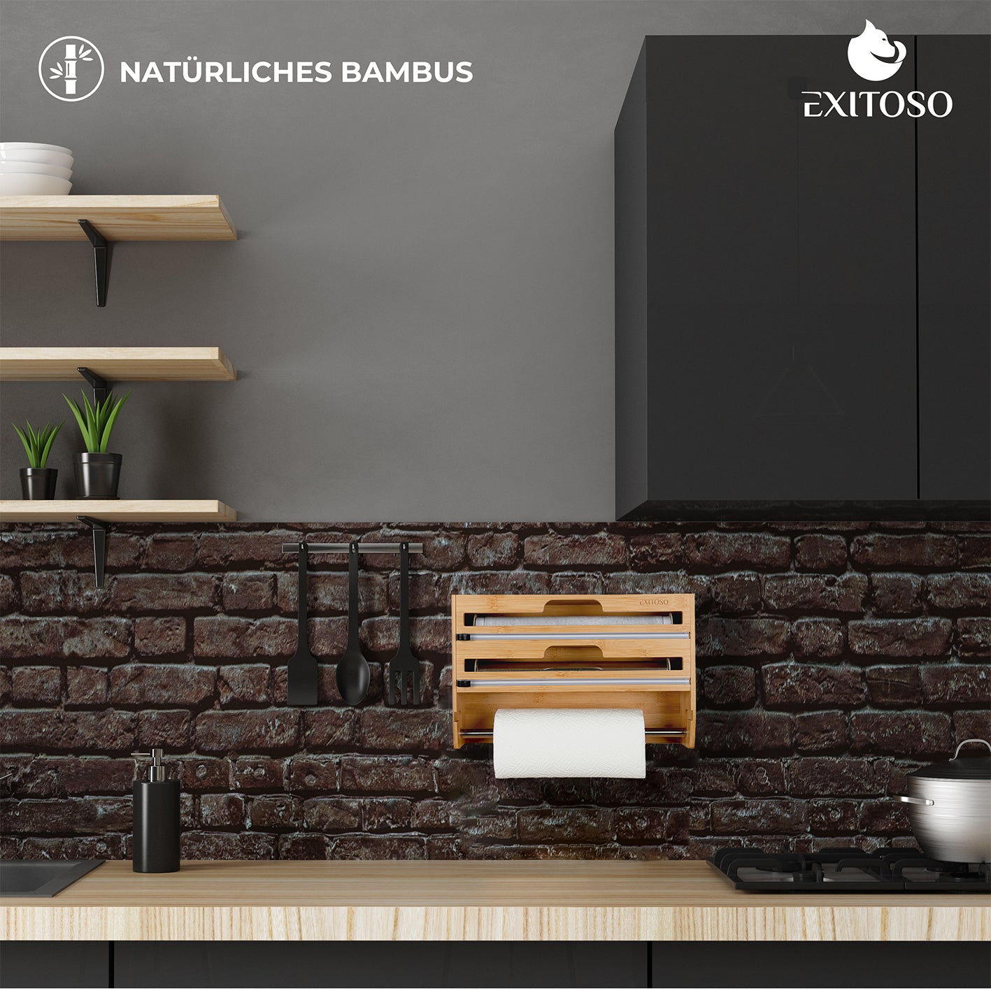 3 in 1 Folienschneider + Wandrollenhalter + Frischhaltefolienspender aus Bambus für Küche, einfache Montage ohne Bohren, platzsparend und vielseitig.