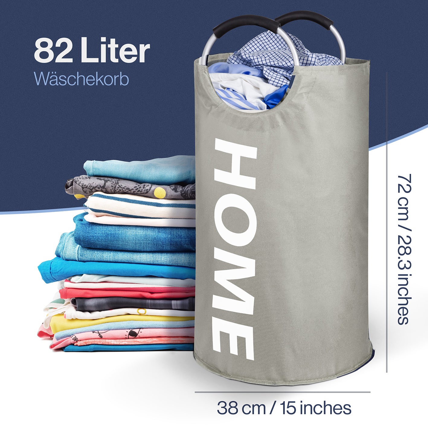 Faltbarer Wäschekorb - Hellgrau - 82 Liter, wasserabweisend, mit robusten Henkeln, platzsparend und vielseitig für Zuhause und Camping.
