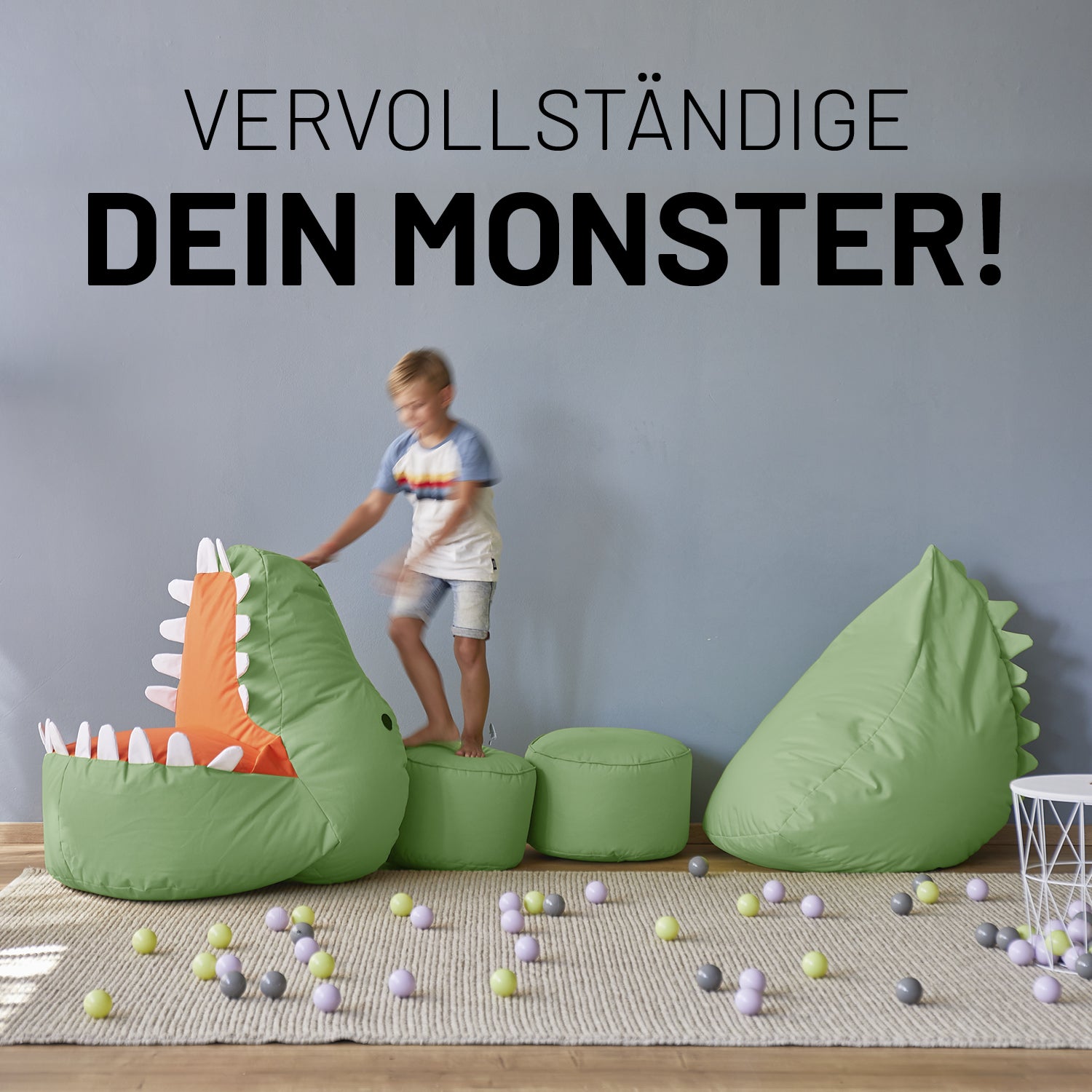 Kindersitzsack-Set "Dino" (2-tlg.) in Pastell Grün, wasserabweisend, indoor & outdoor, mit Kopf- und Hinterteil als Sitz- und Spielplatz.