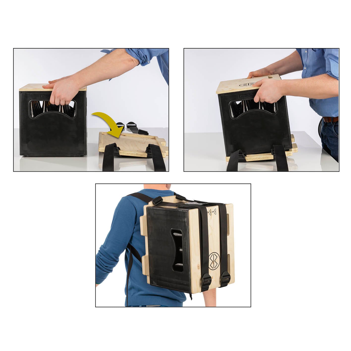 Das clevere Tragesystem für Bierkästen zeigt praktische Umwandlung von Bierkiste zum Rucksack mit breiten Gurten und Rückenpolsterung.