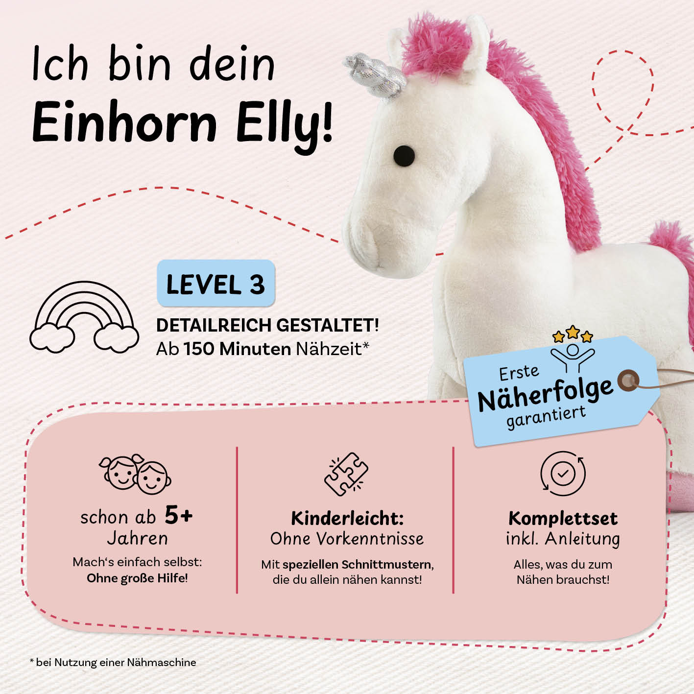Näh-Baukastenset Motiv Einhorn Elly für Kinder ab 5 Jahren, Level 3, inkl. Anleitung, erste Näherfolge garantiert von cuci cuci.