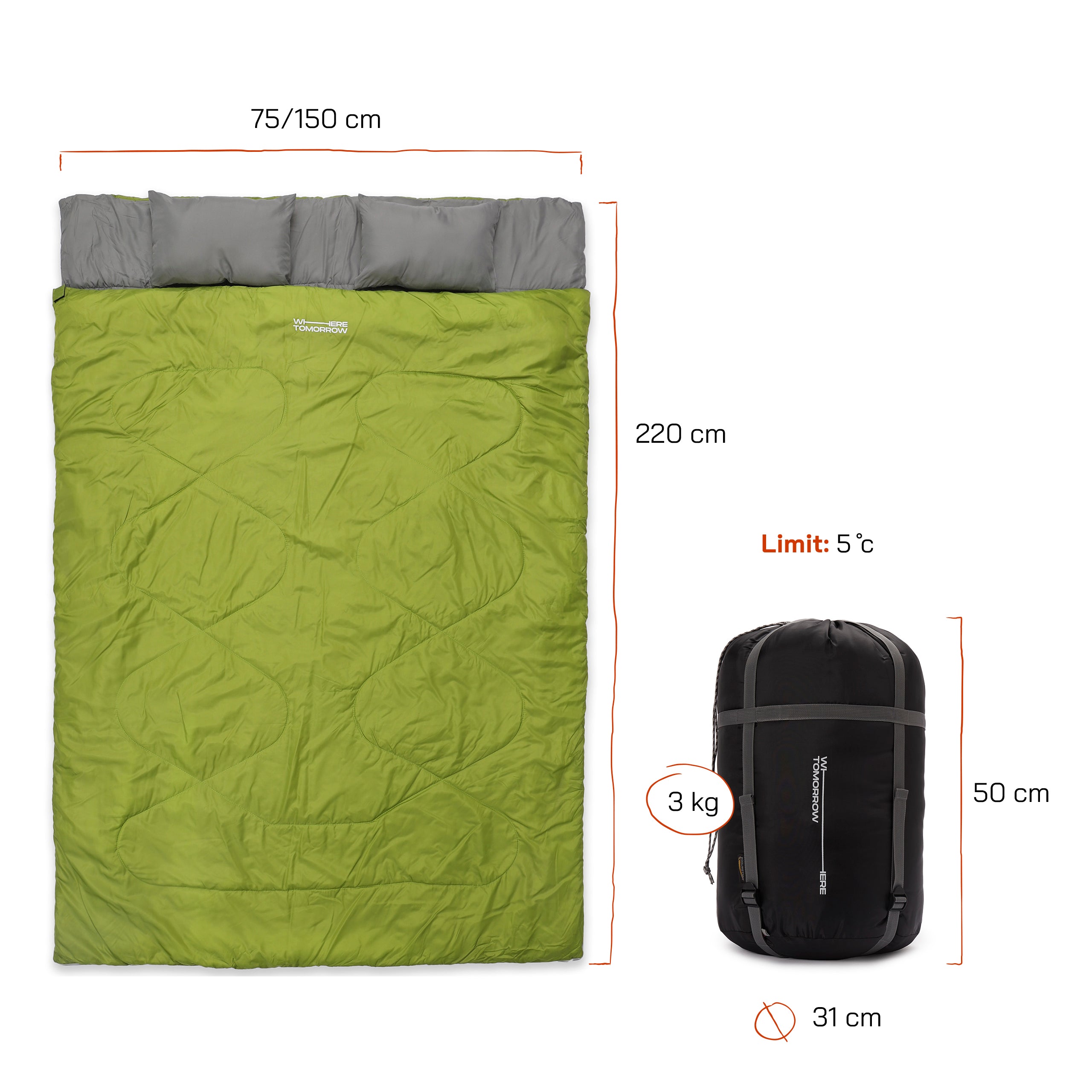 Doppelschlafsack mit Tragetasche - 2-Personen Schlafsack 190x150 cm, wasserabweisend, bis -5 °C, inkl. Kissenfach, dunkelgrün.