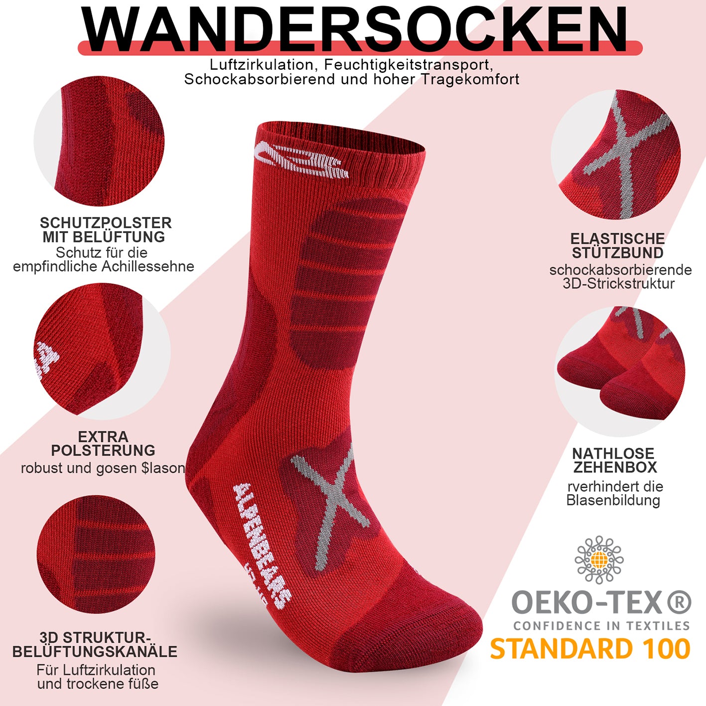 Wandersocken Merino Wolle - 2er-Set - Rot - Größe 43-48