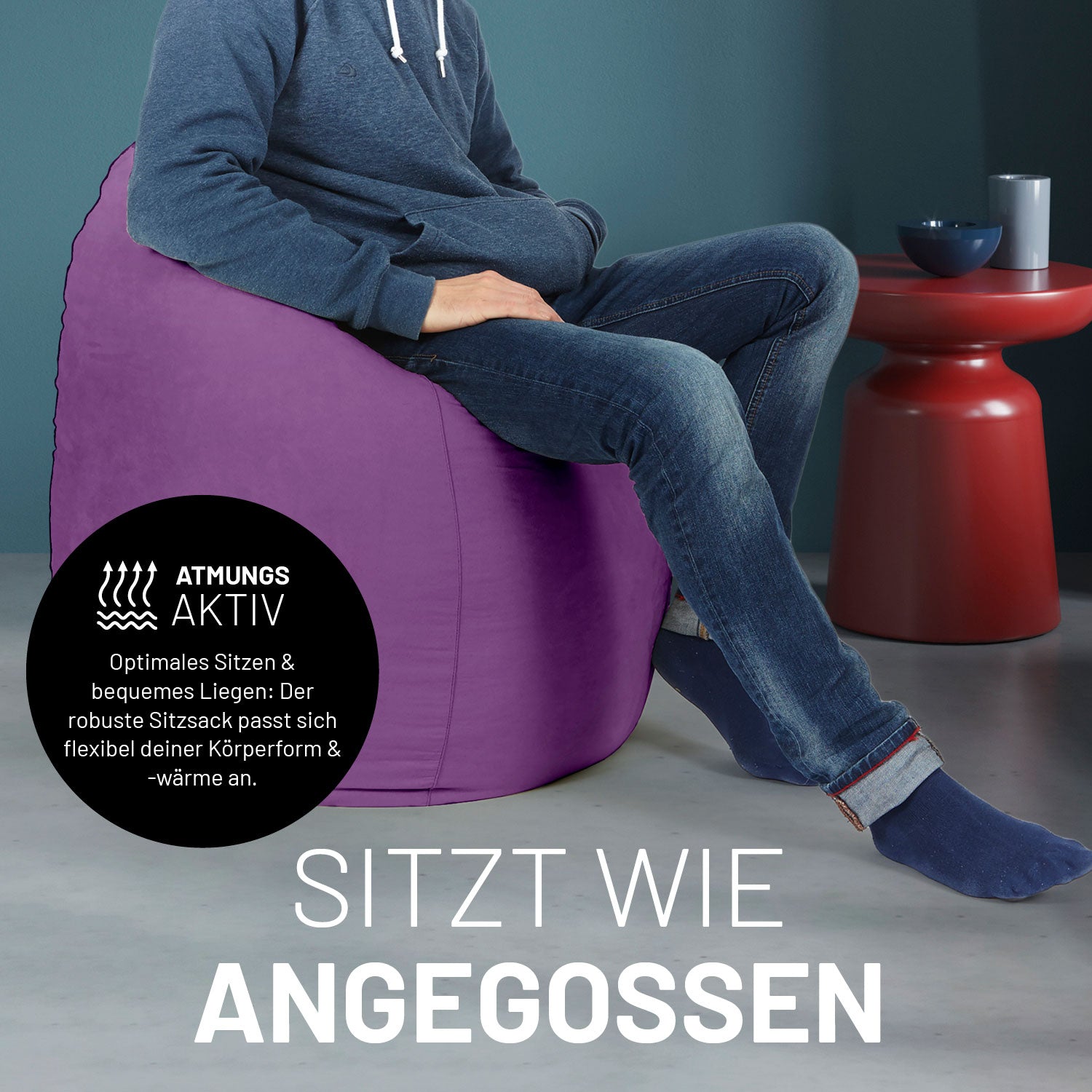 Luxury XL PLUS Sitzsack (220 L) in Lila, atmungsaktiv, passt sich flexibel der Körperform an, ideal für bequemes Sitzen und Liegen indoor.