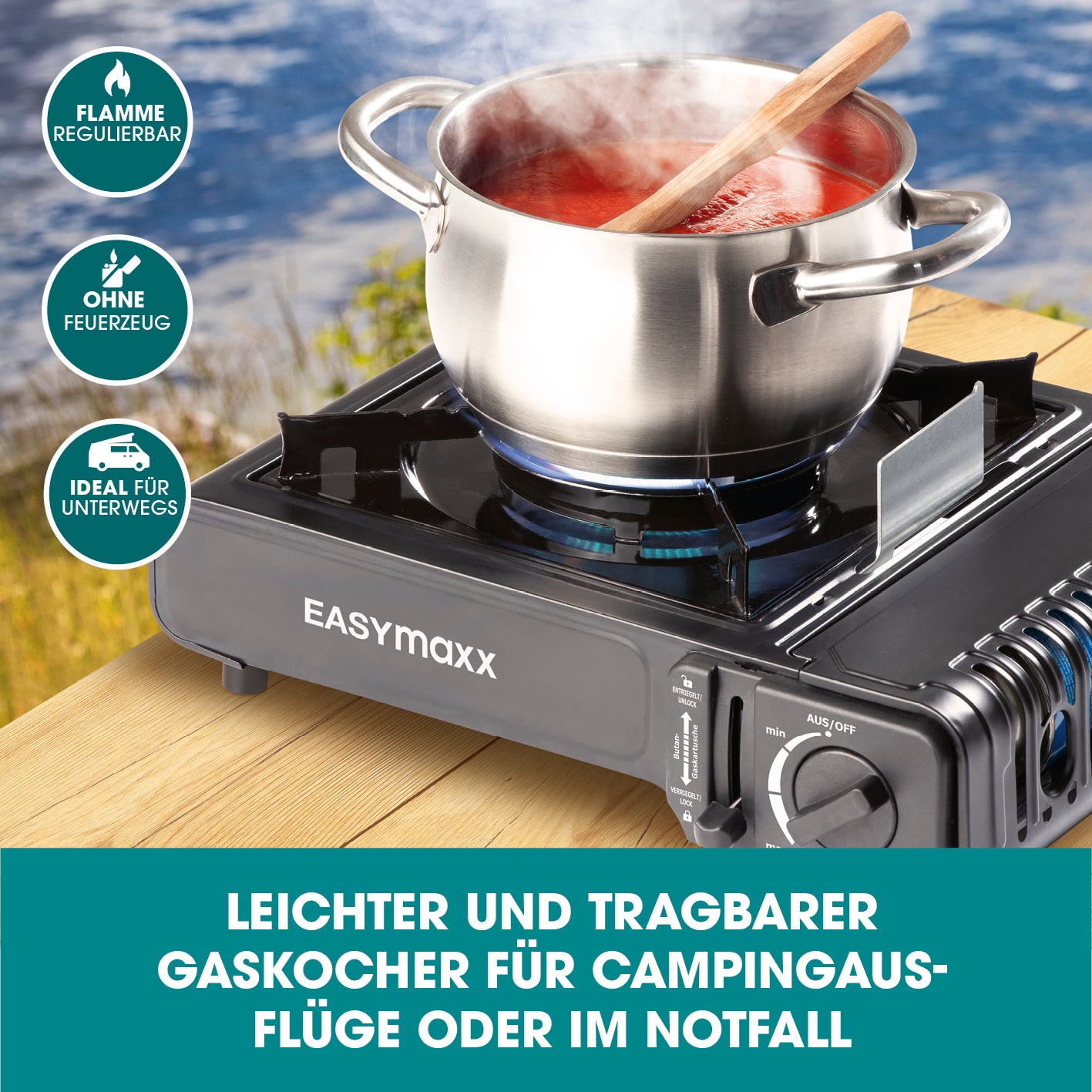 Gaskocher tragbar 2500W - Schwarz von EASYmaxx mit stufenloser Flammenregulierung und automatischer Piezozündung, ideal für Camping und unterwegs.