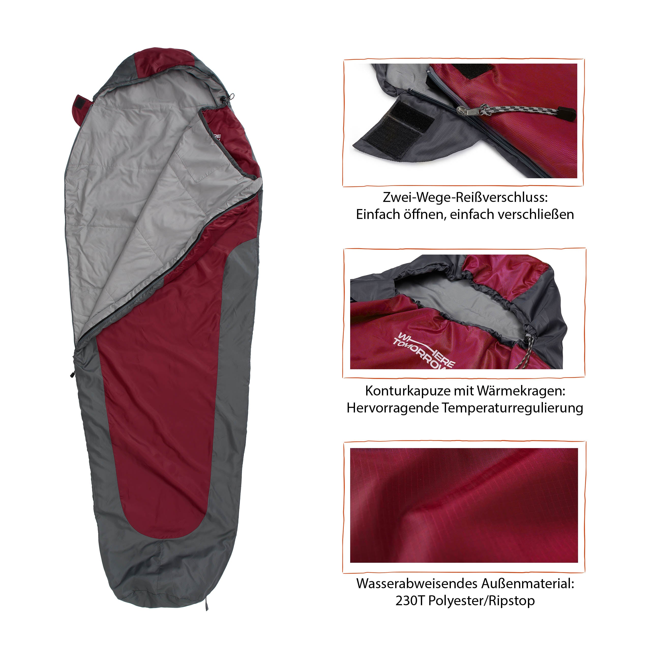 Camping Schlafsack Small & Light - Mumienschlafsack mit Tasche - 220 x 80 x 50 cm - Rot-Grau