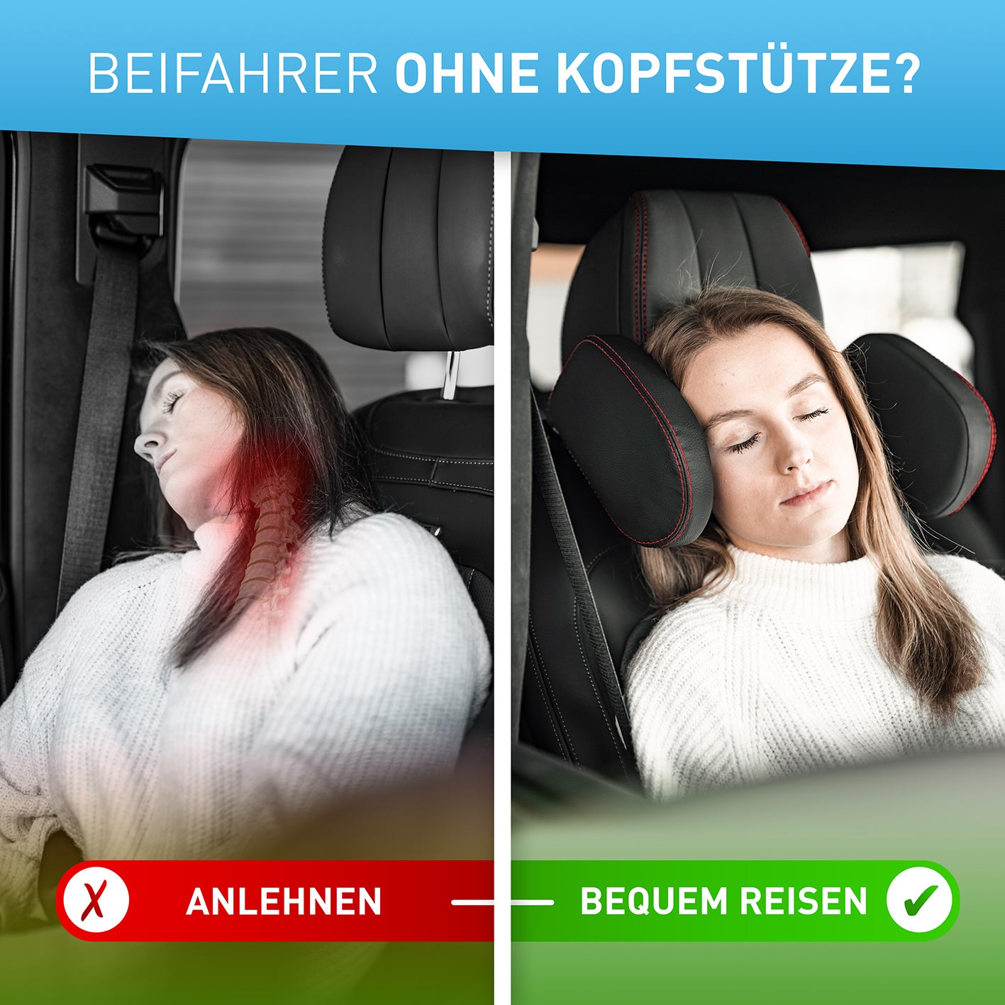 Auto-Kopfstütze - schwarzes Leder mit roten Nähten, verstellbar für Komfort und Nackenstütze bei langen Autofahrten.