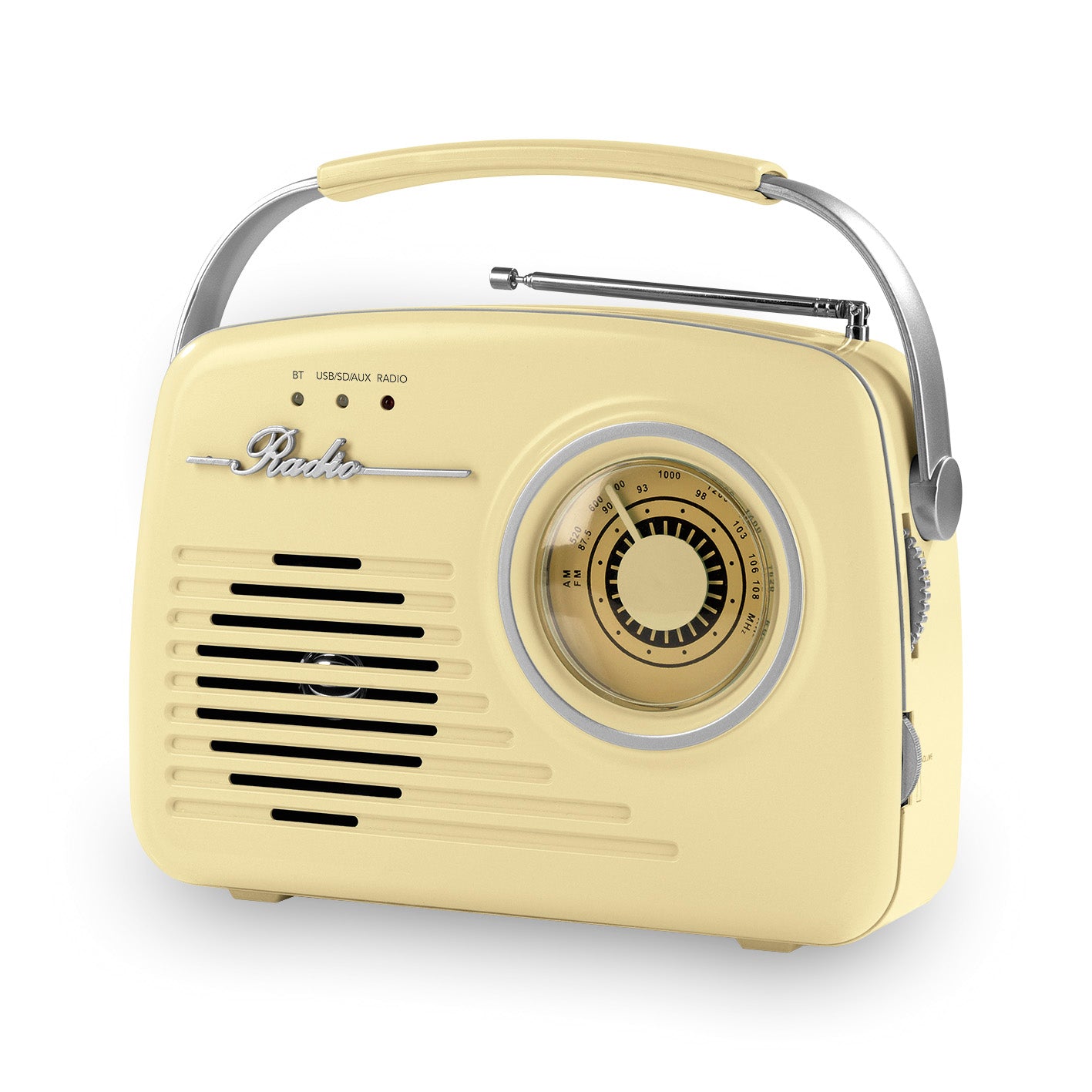 Radio Retro - Vanille mit Tragegriff, Teleskopantenne, analoger Frequenzanzeige und Bluetooth für kabellosen Musikgenuss.