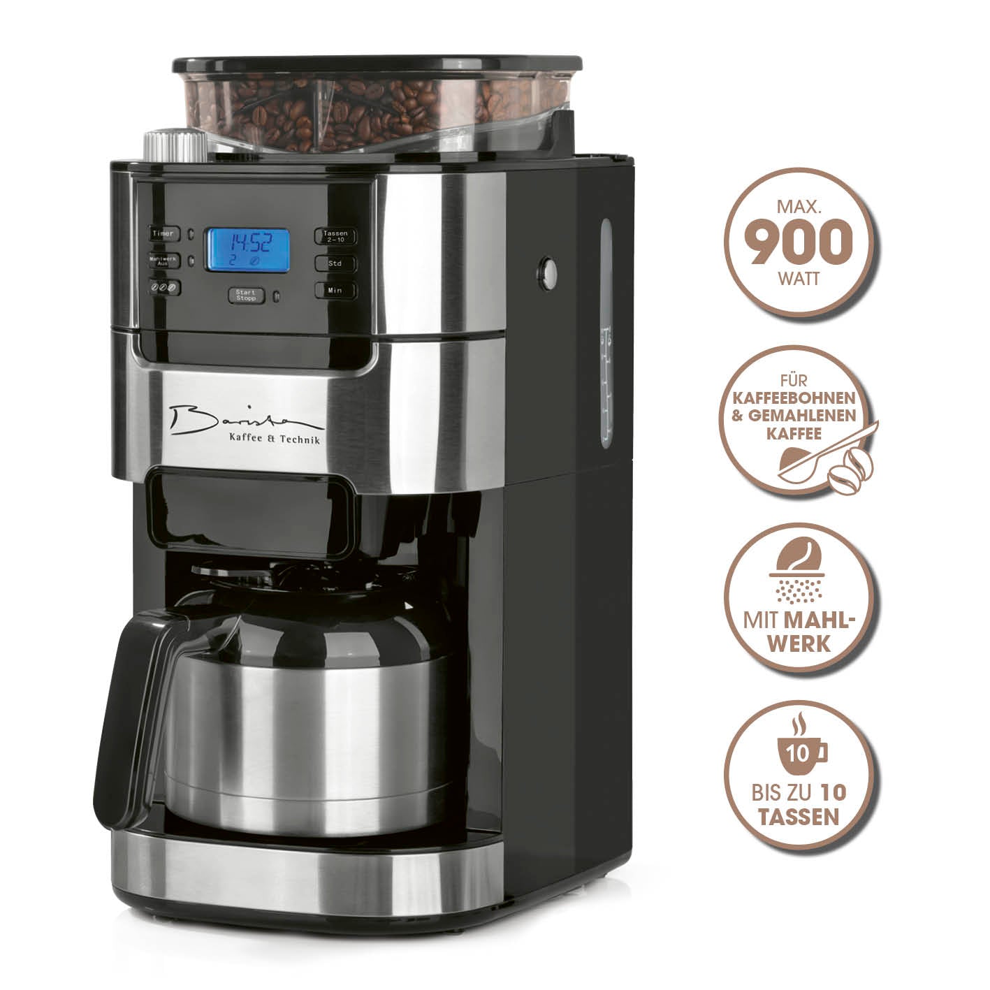 Kaffeemaschine mit Mahlwerk mit Isolierkanne 1000 Watt Edelstahl/schwarz, für frischen Kaffee, bis zu 10 Tassen, digitales LCD-Display.
