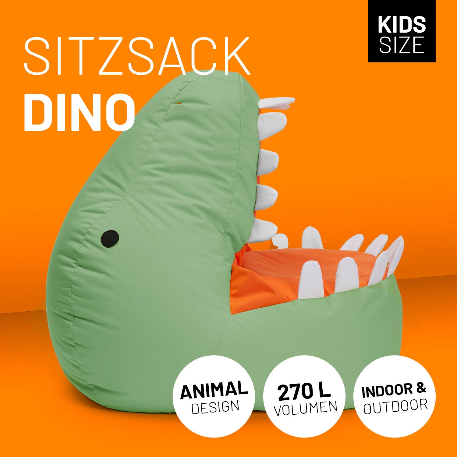Kindersitzsack Animal Line Dino (270 L) in Pastell Grün, weich, wasserabweisend, für Indoor & Outdoor, kindersicher mit Dino-Motiv.